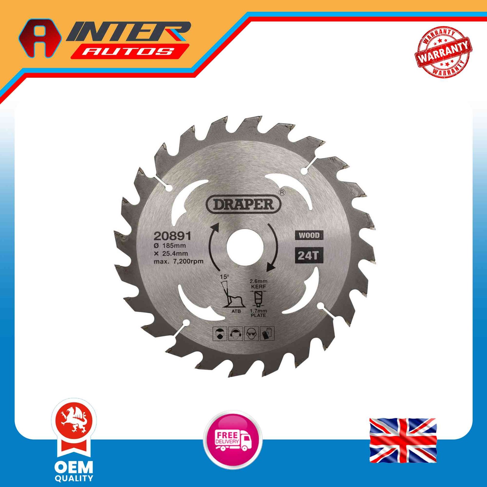 Draper TCT Circular Saw Blade for Wood, 185 x 25.4mm, 24T 20891
