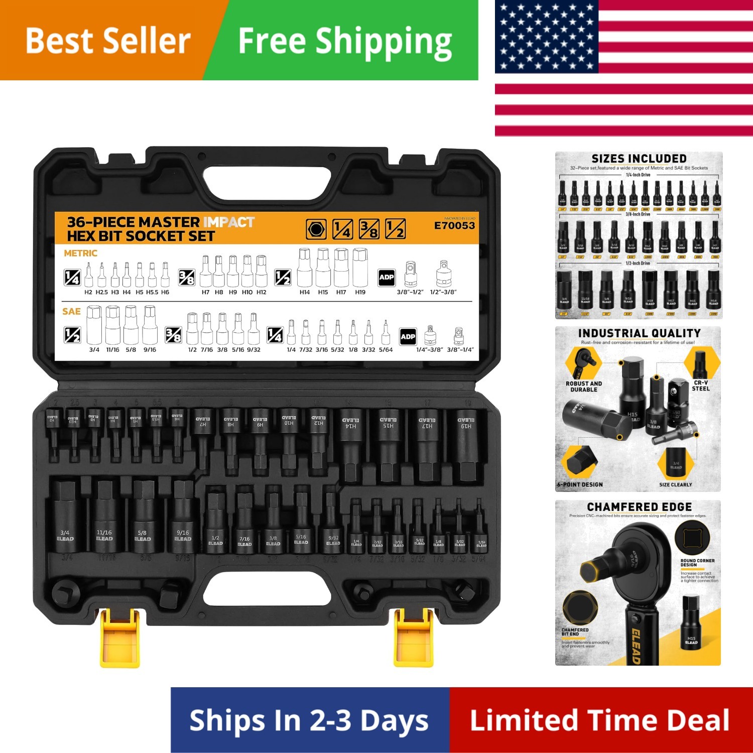 Hex Bit Impact Socket Set: 36-Piece with 4 Adapters, 1/4″, 3/8″, 1/2″Drive Ma…