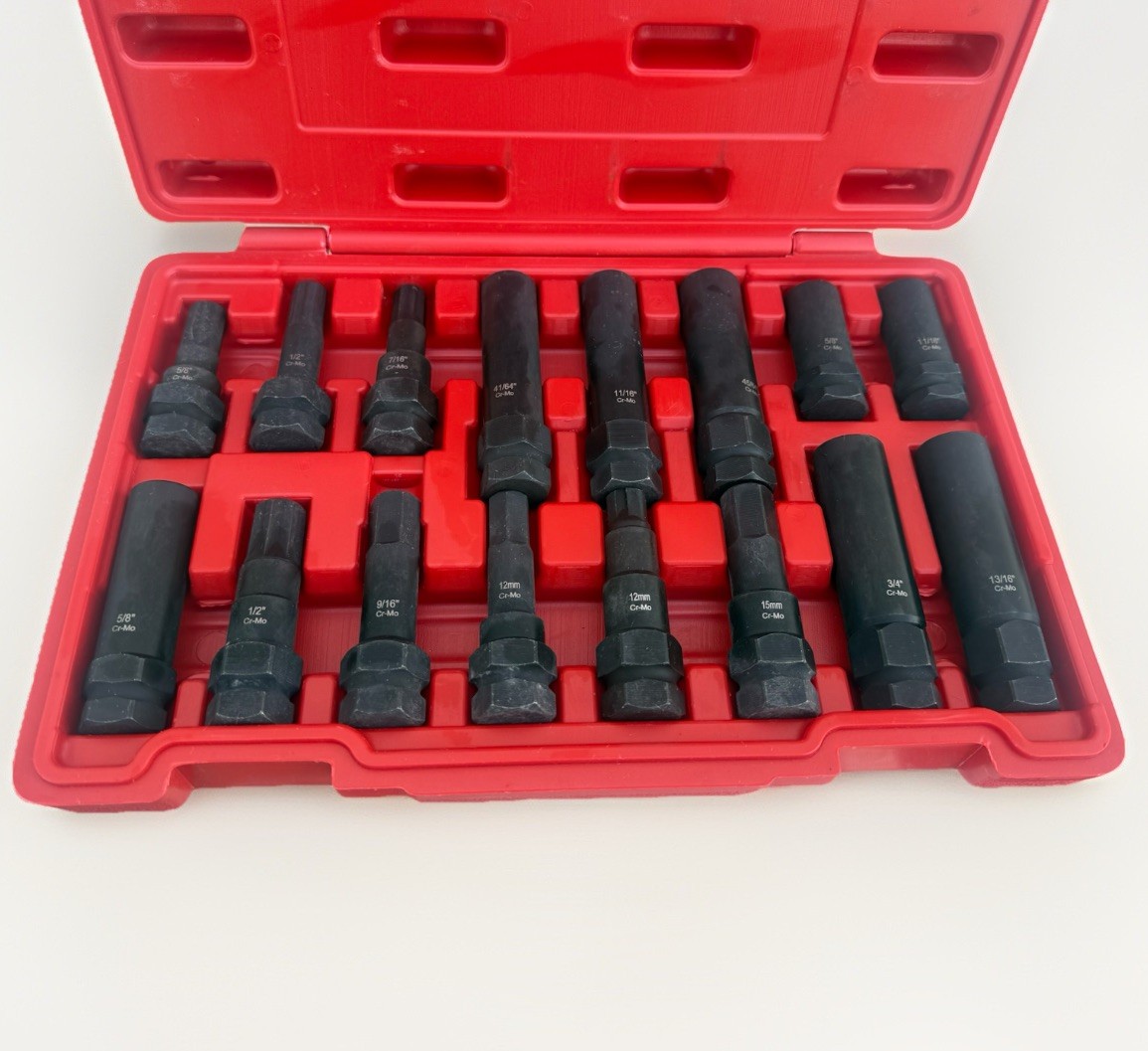 16pc Auto Locking Lug Nut Socket Master Key Set Wheel Hex Star Spline Fluted