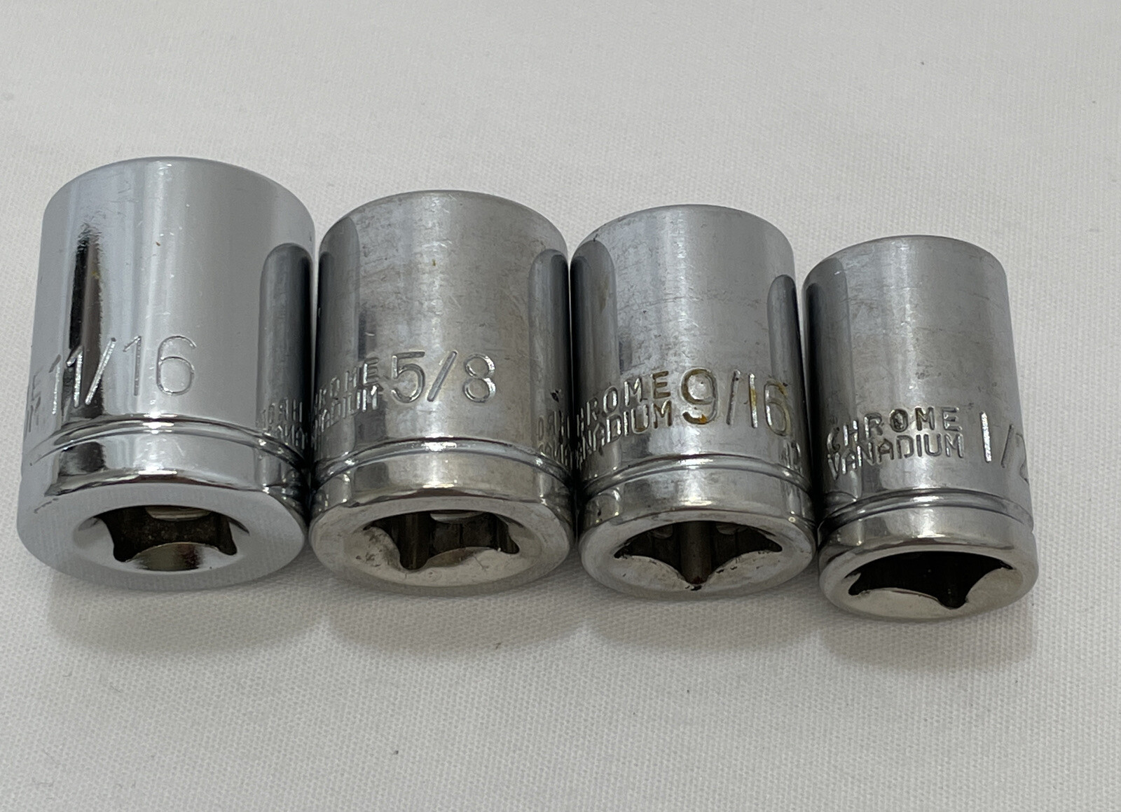 Vintage Chrome Vanadium 3/8”Drive SAE 11/16”,5/8”,9/16”,1/2” – 6pts Lot Of 4