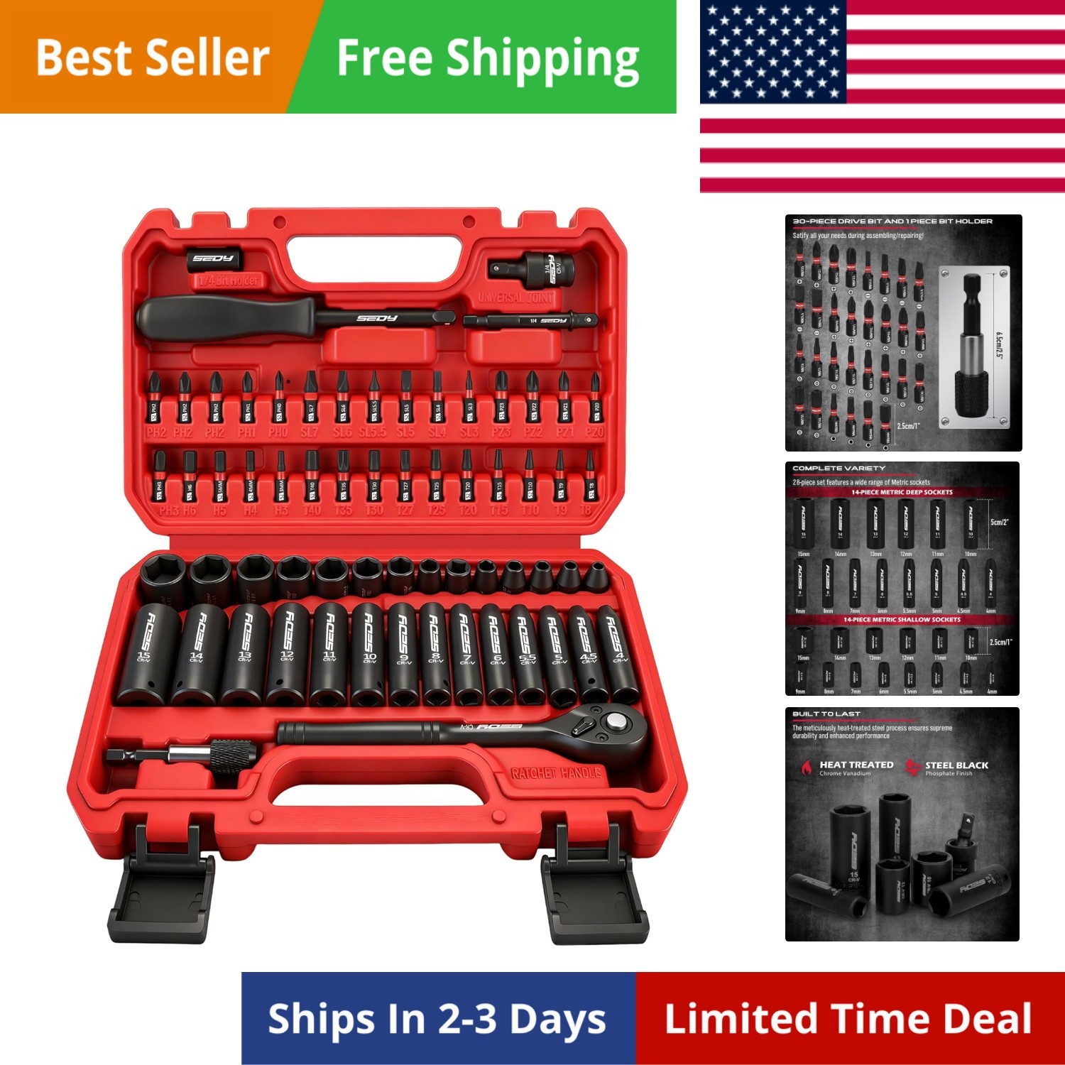 64-Piece 1/4″ Drive Impact Socket Wrench Driver-Bits Set, Cr-V Metric&SAE Dee…