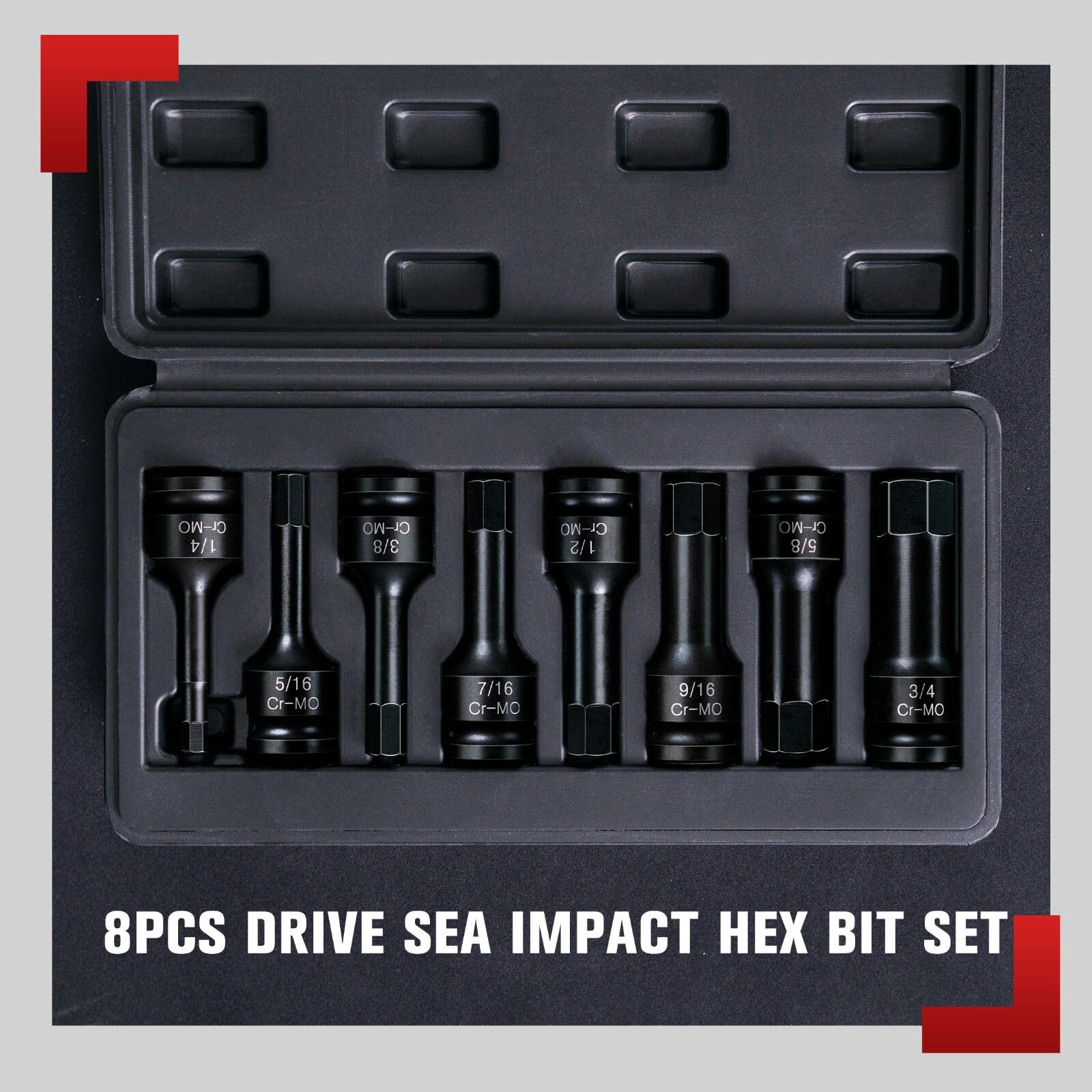 8 PCS 1/2 » Drive SAE Hex Impact Socket Set, 1/4″ to 3/4″, Master Impact,Cr-Mo