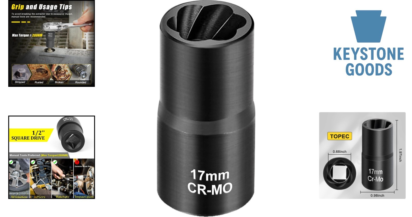 17mm Lug Nut Remover – Stripped Bolt & Rounded Nut Extractor for Hand Tools