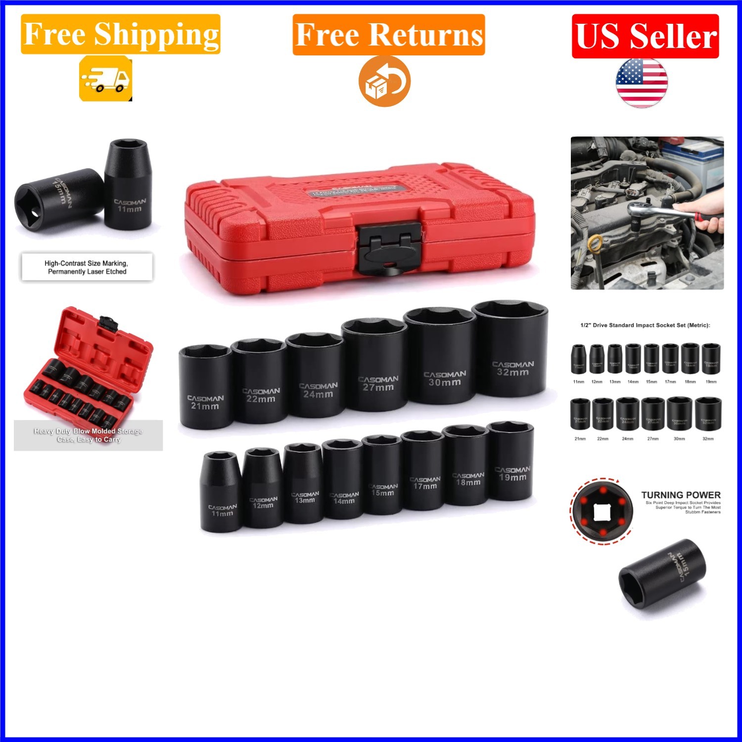 Casoman 14-Piece 1/2-Inch Drive Shallow Impact Socket Set, Metric