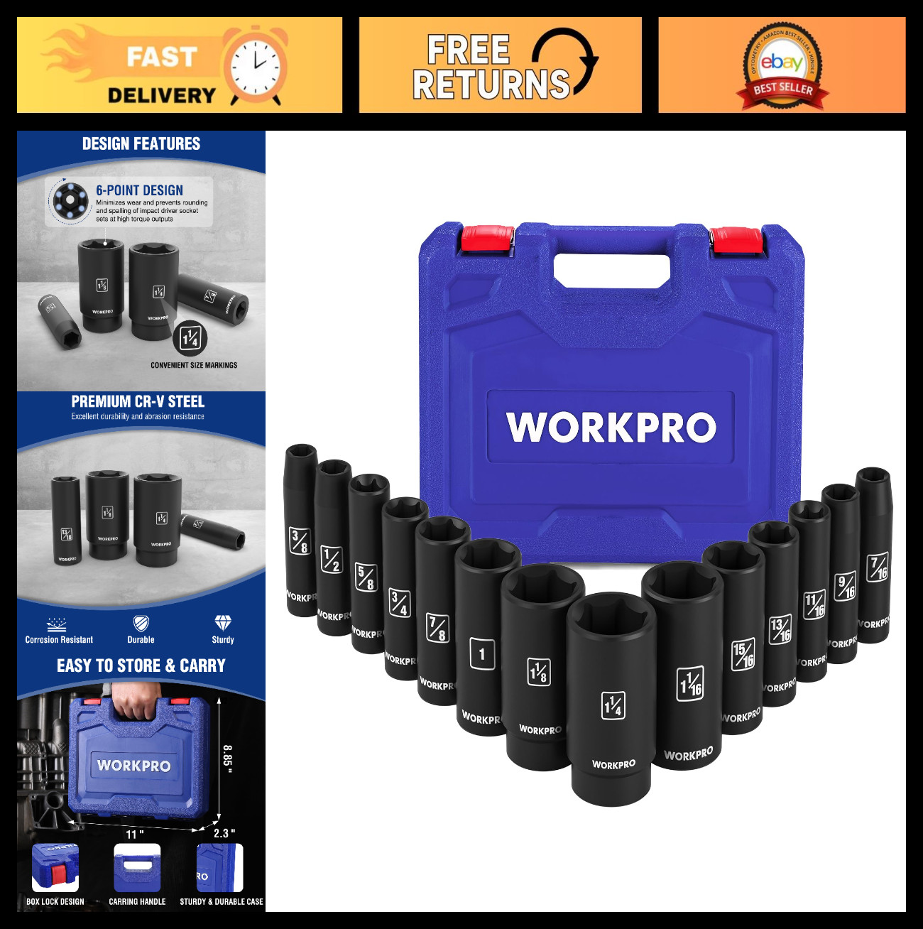 14-Piece 1/2″ Drive Deep Impact Socket Set, 6-Point Heavy Duty Case, Cr-V Steel,