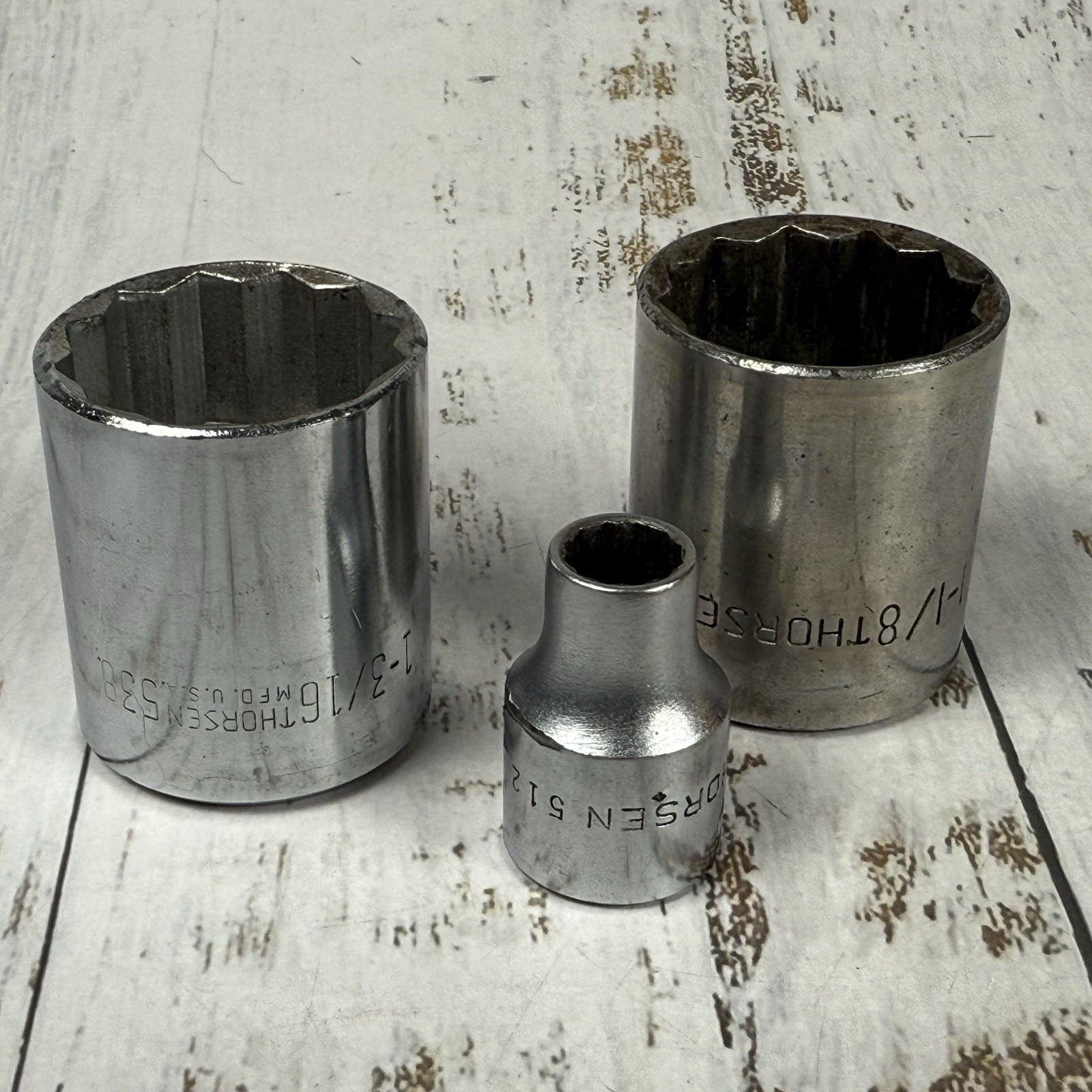 Thorsen 538 1-3/16″ Chrome Socket 1/2″ Drive 12 Point, 536 1 1/8” Socket, 512