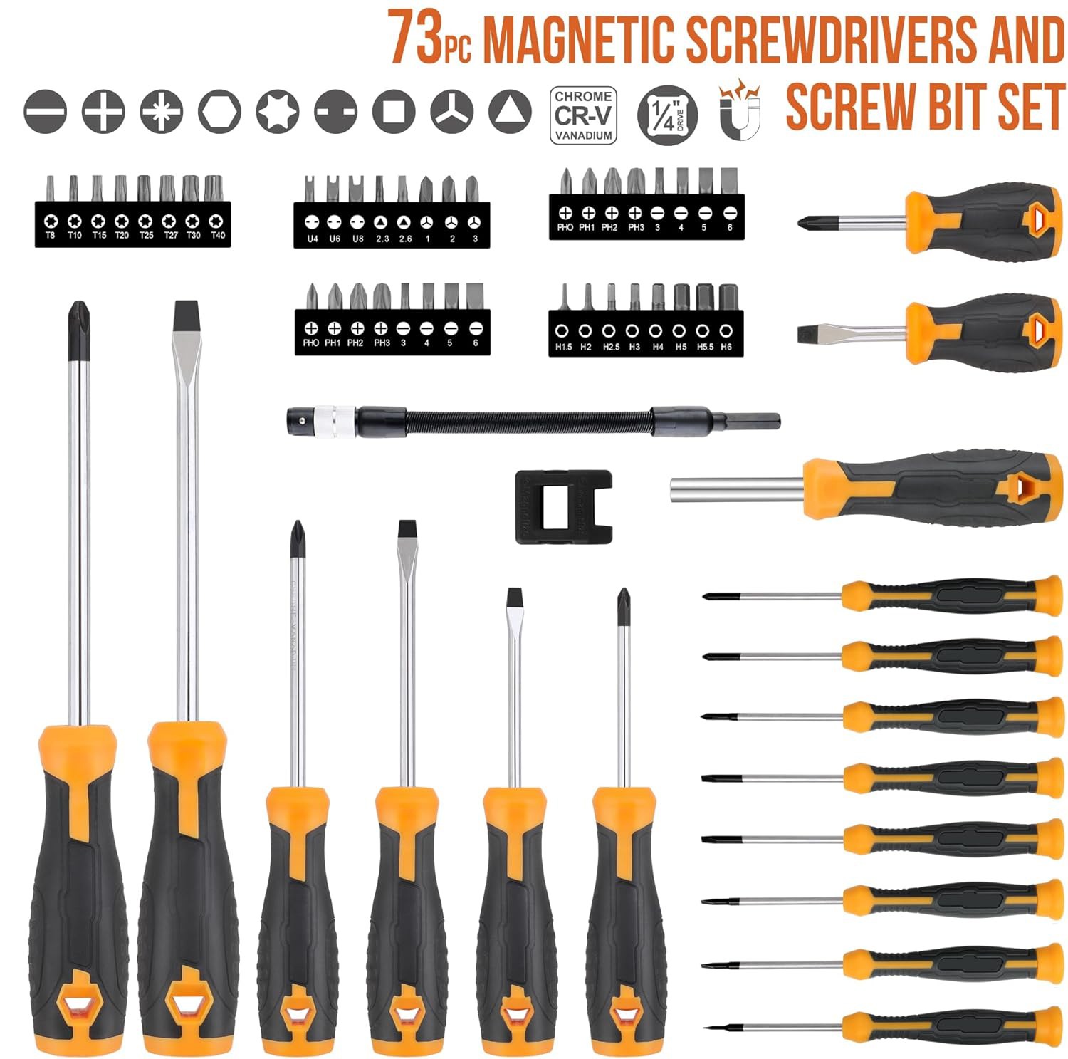 73pc Magnetic Screwdriver & Hex Torx Screw Bit Set Precision Extension Handle US