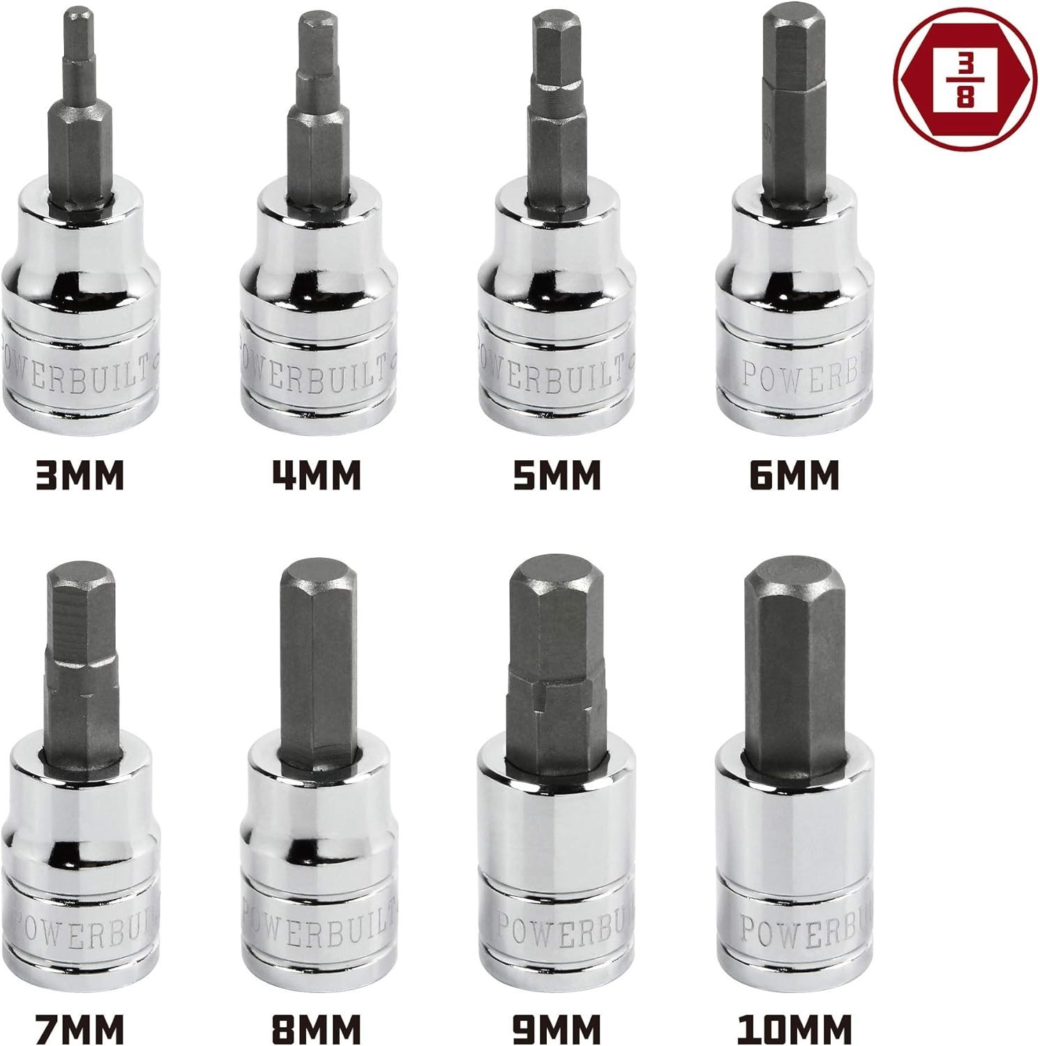 Hex Bit Socket Set, 8 Piece, 3/8 Inch Drive Metric, Sizes 3-10mm, Ball End So…