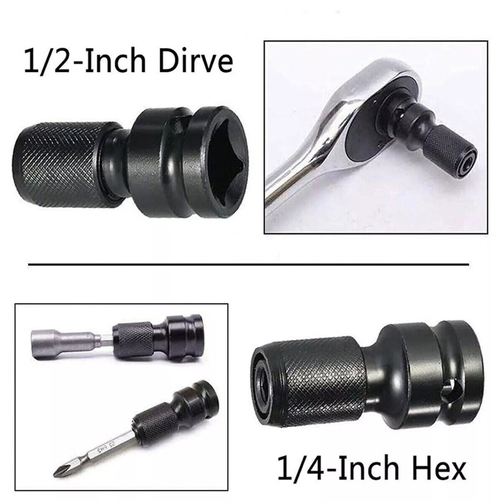 2Pcs 1/2″ Drive To 1/4″ Socket Adapter Hex Drill Chuck Change For Impact Wrench