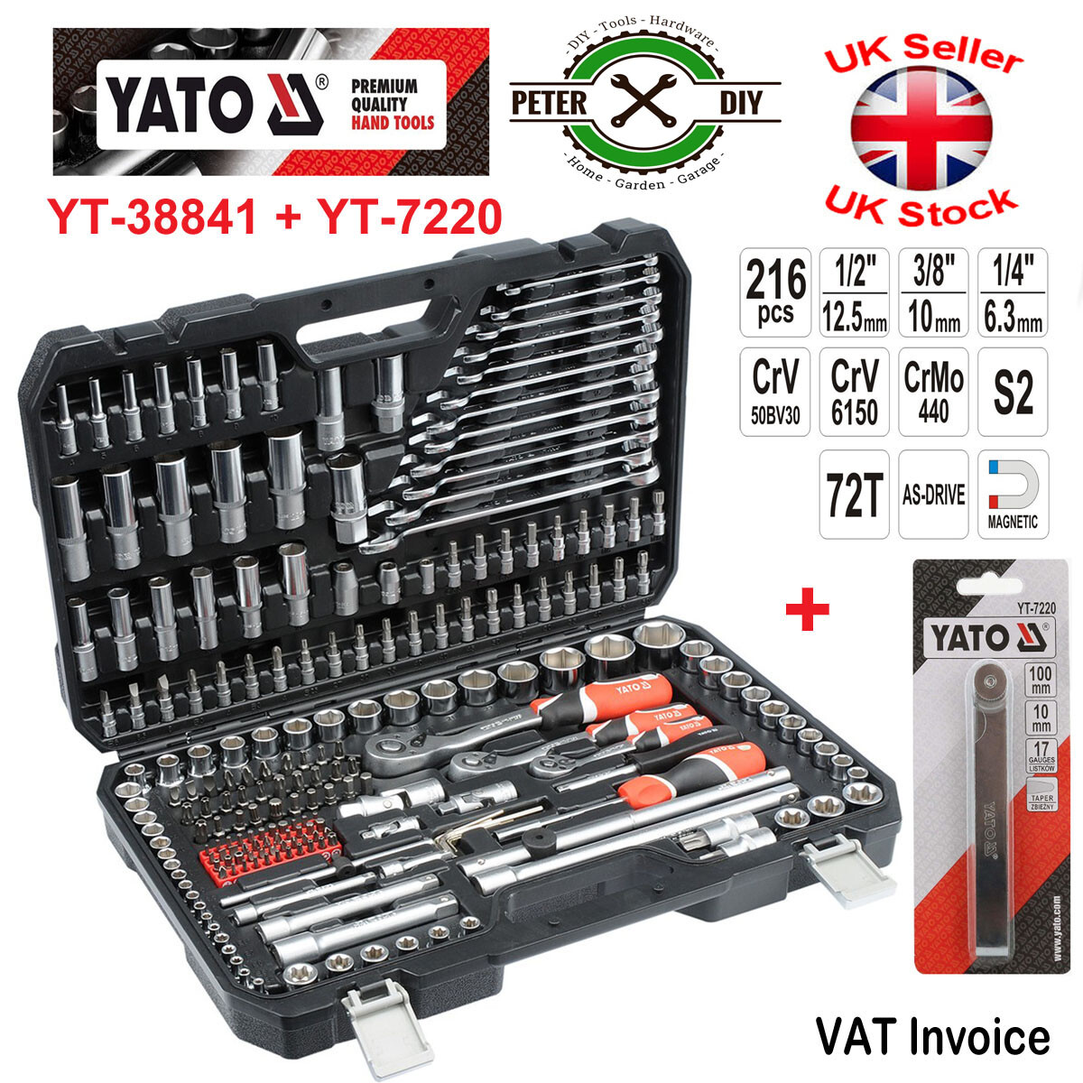 Socket Set 1/2 1/4 3/8 Yato Ratchet Tools Toolbox YT-38841 + YT-7220 -217 PCS