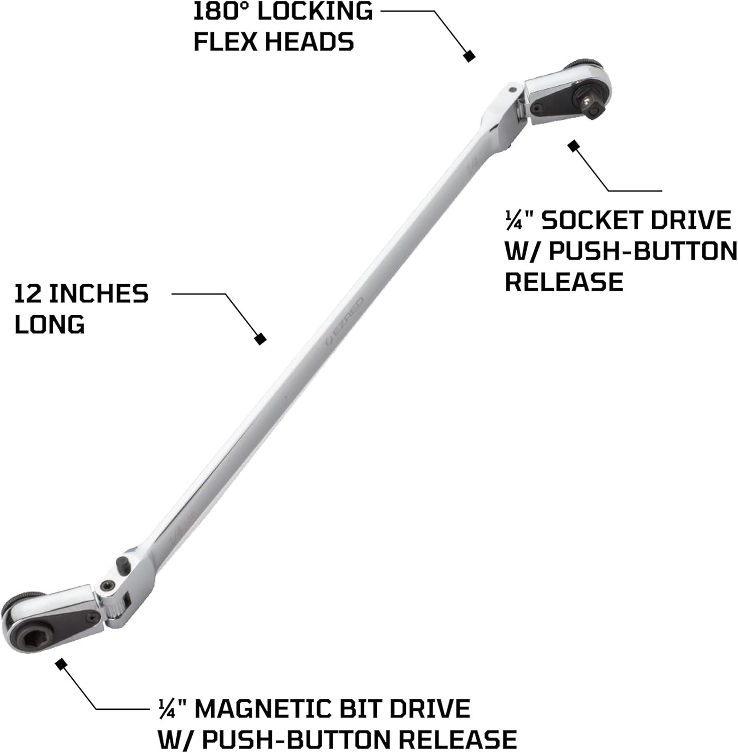 Durable 12″ Chrome Flex Ratchet – 1/4″ Square Drive & Magnetic Bit, Reversible