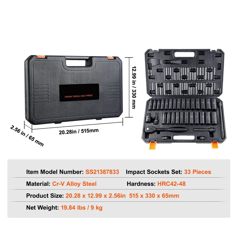 Impact Sockets Set 33pcs 6 Point 1/2in Drive Bit Ratchet Tool Kit Case