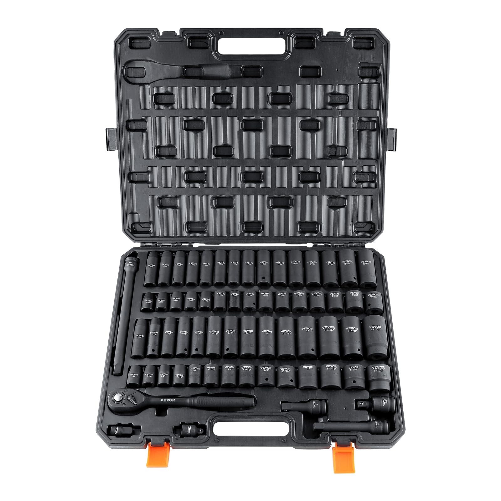 65-Piece Impact Socket Set, 1/2″ Drive, SAE & Metric, Cr-V Alloy Steel, 6 Point