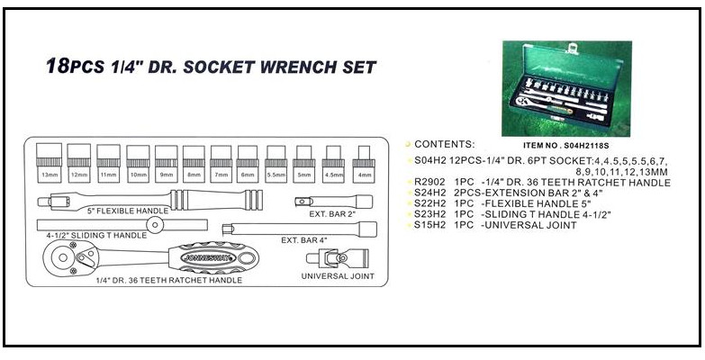 Jonnesway S04H2118S 18 Pcs Professional Hand Socket Set 1/4″ Drive 4-13mm