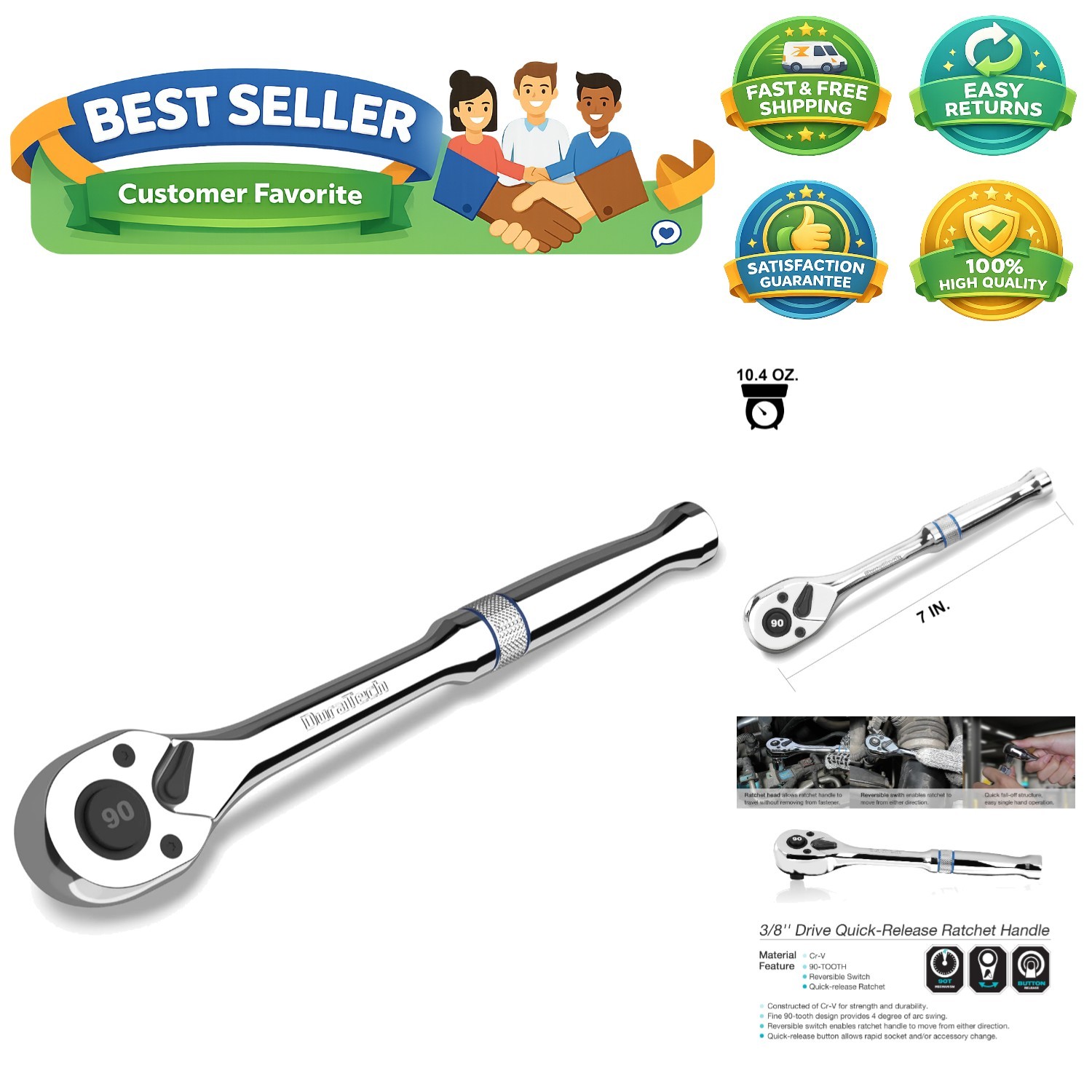 3/8-Inch Drive Ratchet, 90-Tooth Quick-release Ratchet Wrench, Reversible, Ch…