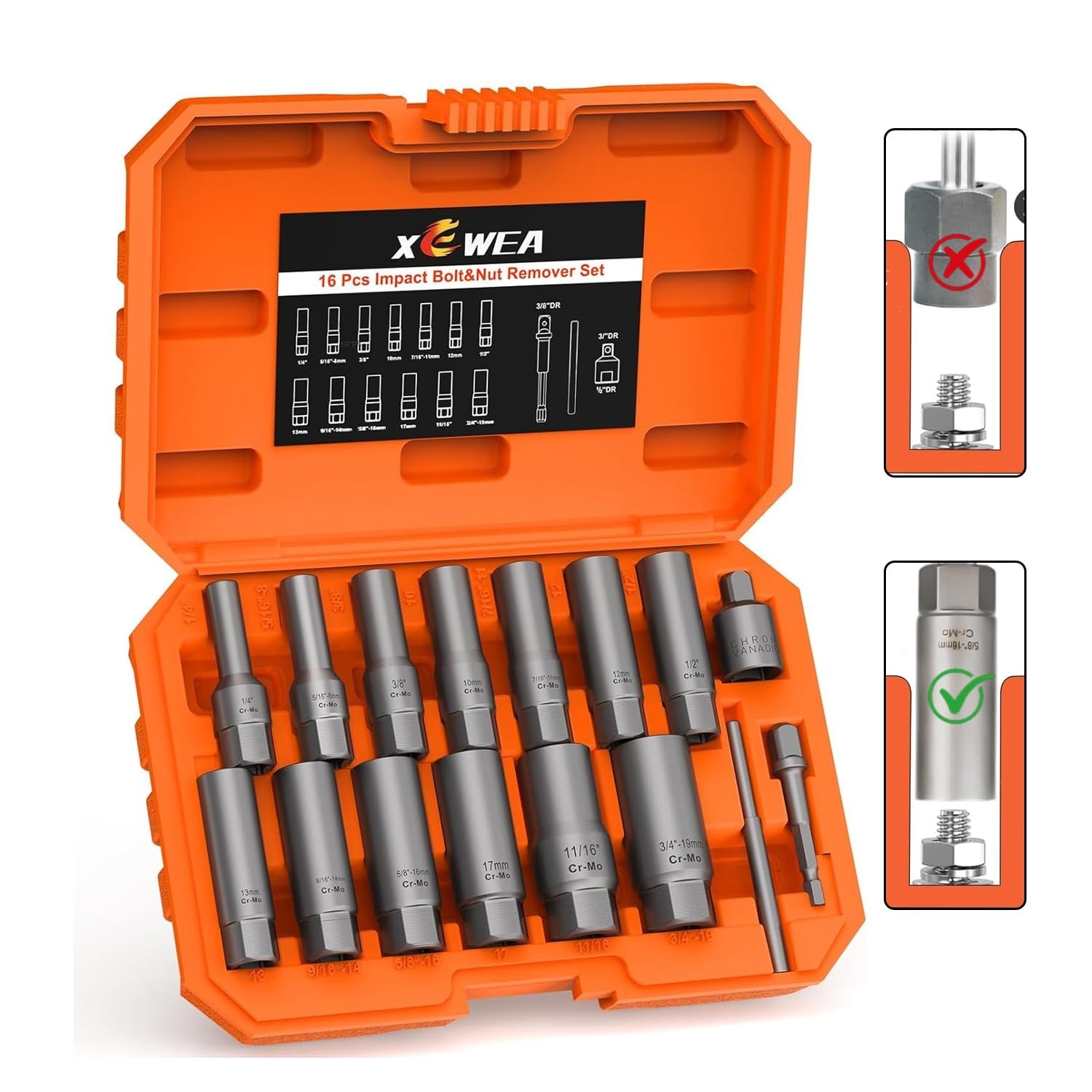 16PCS Deep Bolt Extractor Set – Impact Nut Remover for Stripped, Rusted, Broken