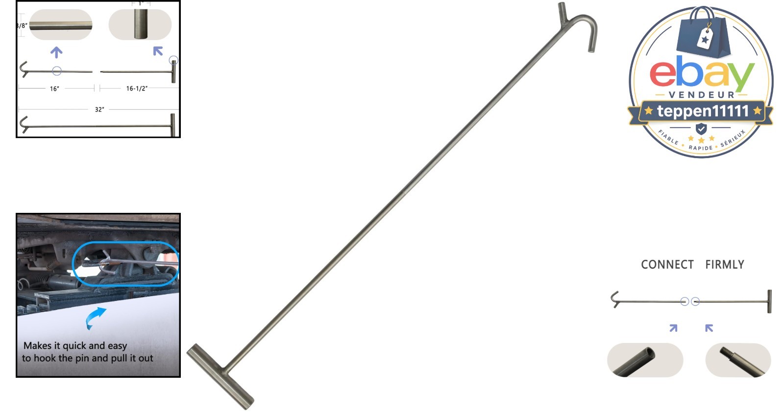 5th Wheel Pin Puller, Portable Stainless Steel S-Hook 32 Inch