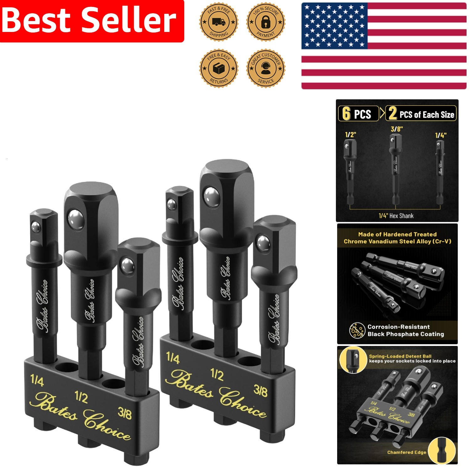 Hex Shank Impact Driver Adapter Set 6 Piece Bates Cr-V 1/4 3/8 1/2 Tool Durable