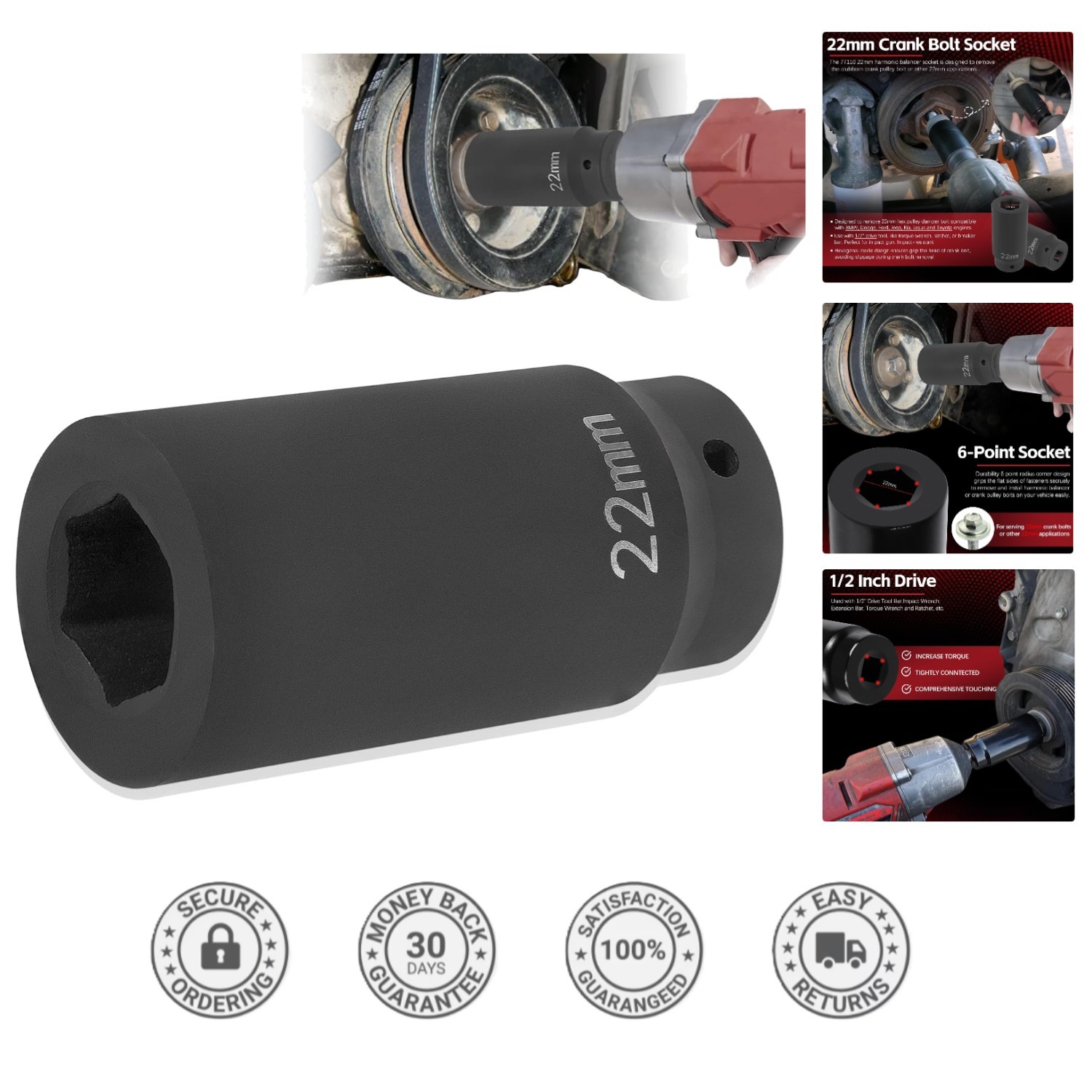 Professional 22mm Harmonic Balancer Socket for Auto Enthusiasts & Mechanics