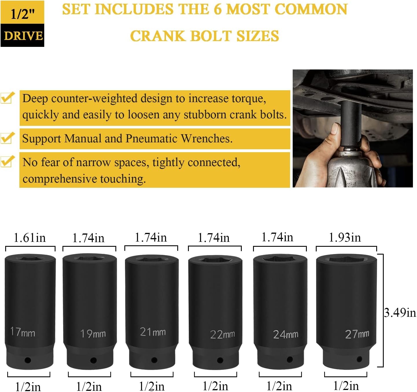 6 Pack Crank Bolt Socket Set Harmonic Balancer Impact Socket 17/19/21/22/24/27m