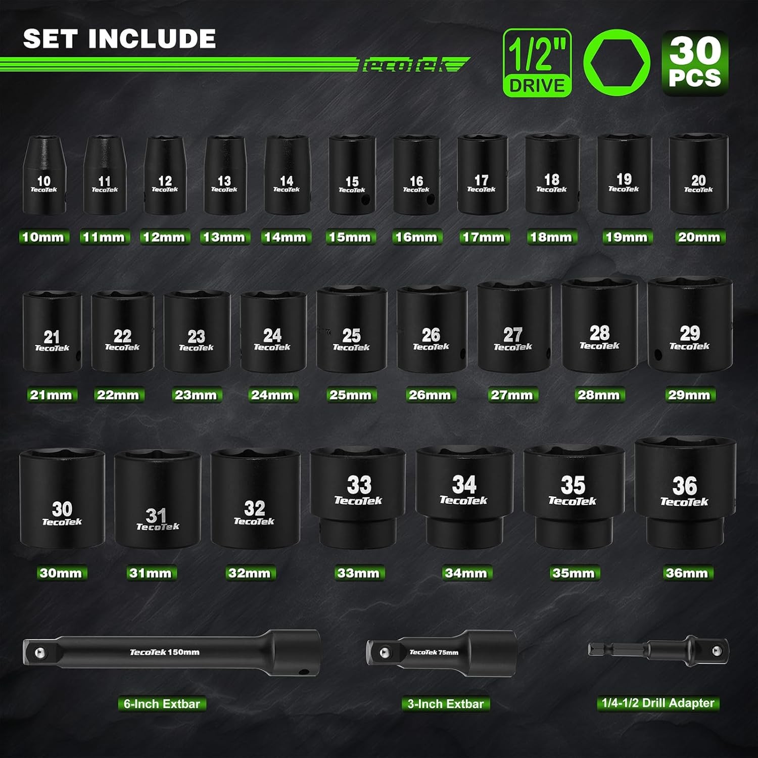 30-Piece Metric Impact Socket Set with Extensions & Adapters – 1/2″ Drive