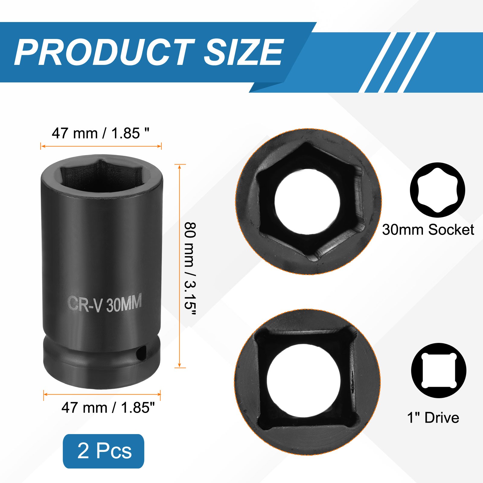 2pcs 1 Inch Drive 30mm 6 Point Impact Socket Chromium Vanadium Steel