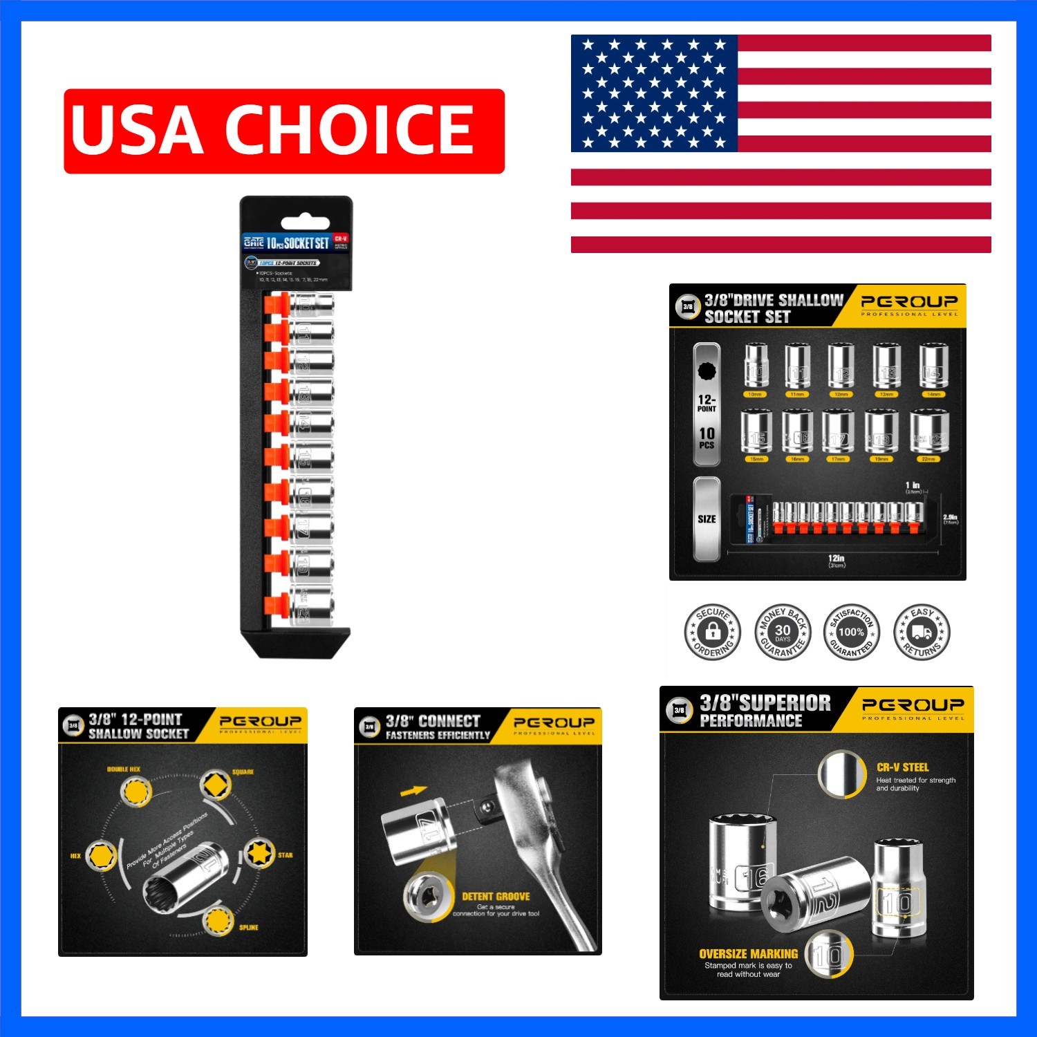 3/8 Inch Drive Socket Set – 10 Piece Metric 12-Point Shallow Socket Set 10mm,…