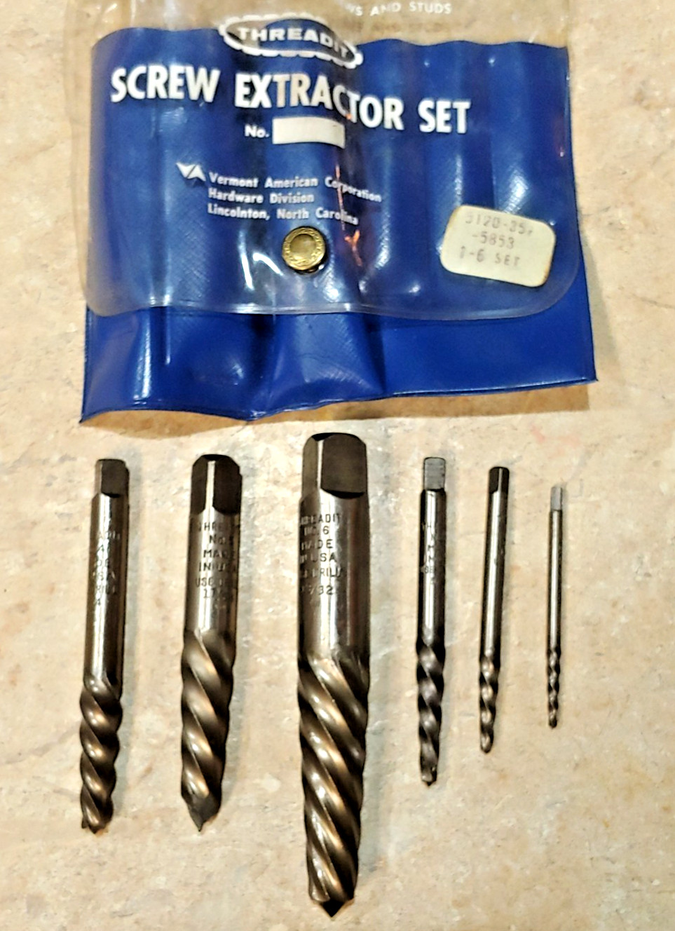 Vermont American/Threadit 6 Piece Extractor Set NO. 1-6, 3/32″ to 7/8″ USA