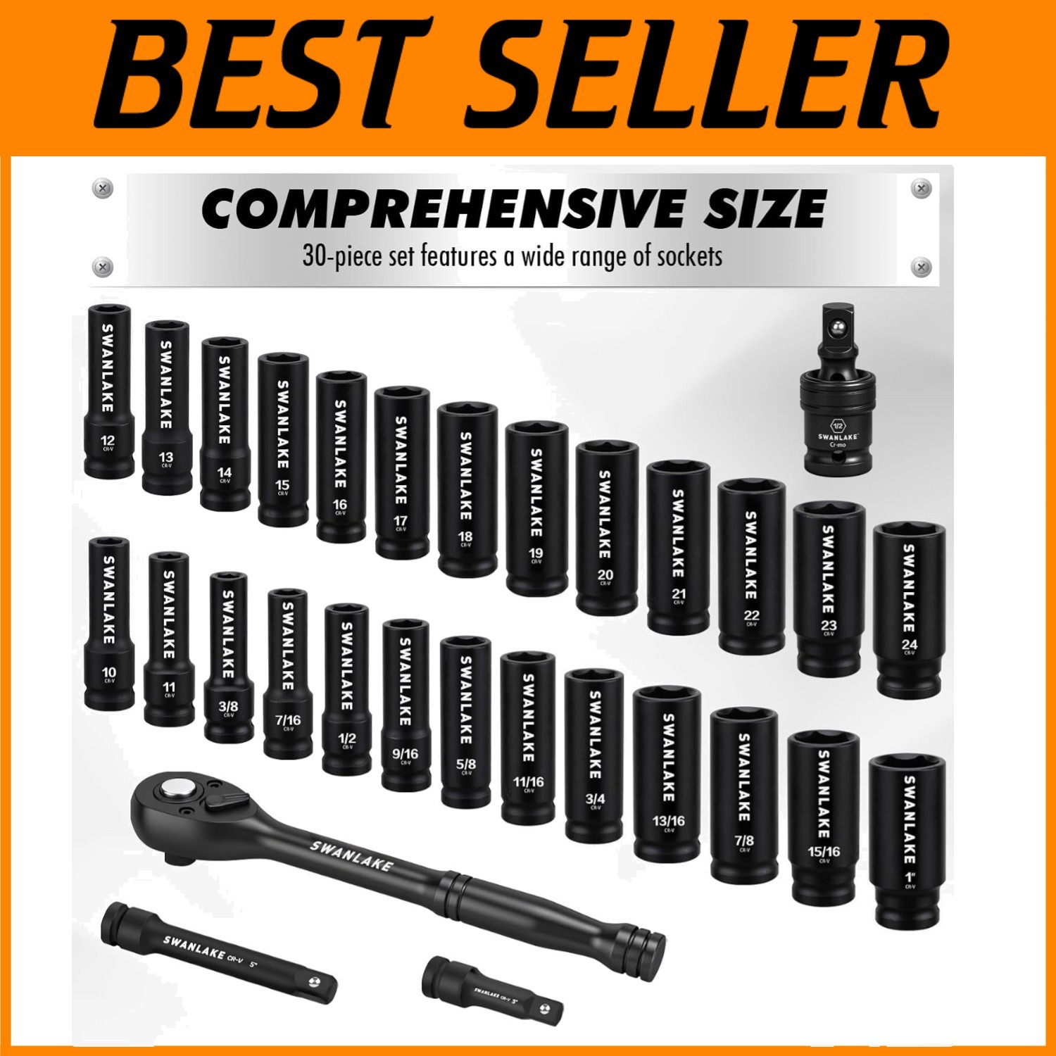 30-Piece 1/2″ Drive Impact Socket Set, Standard SA
