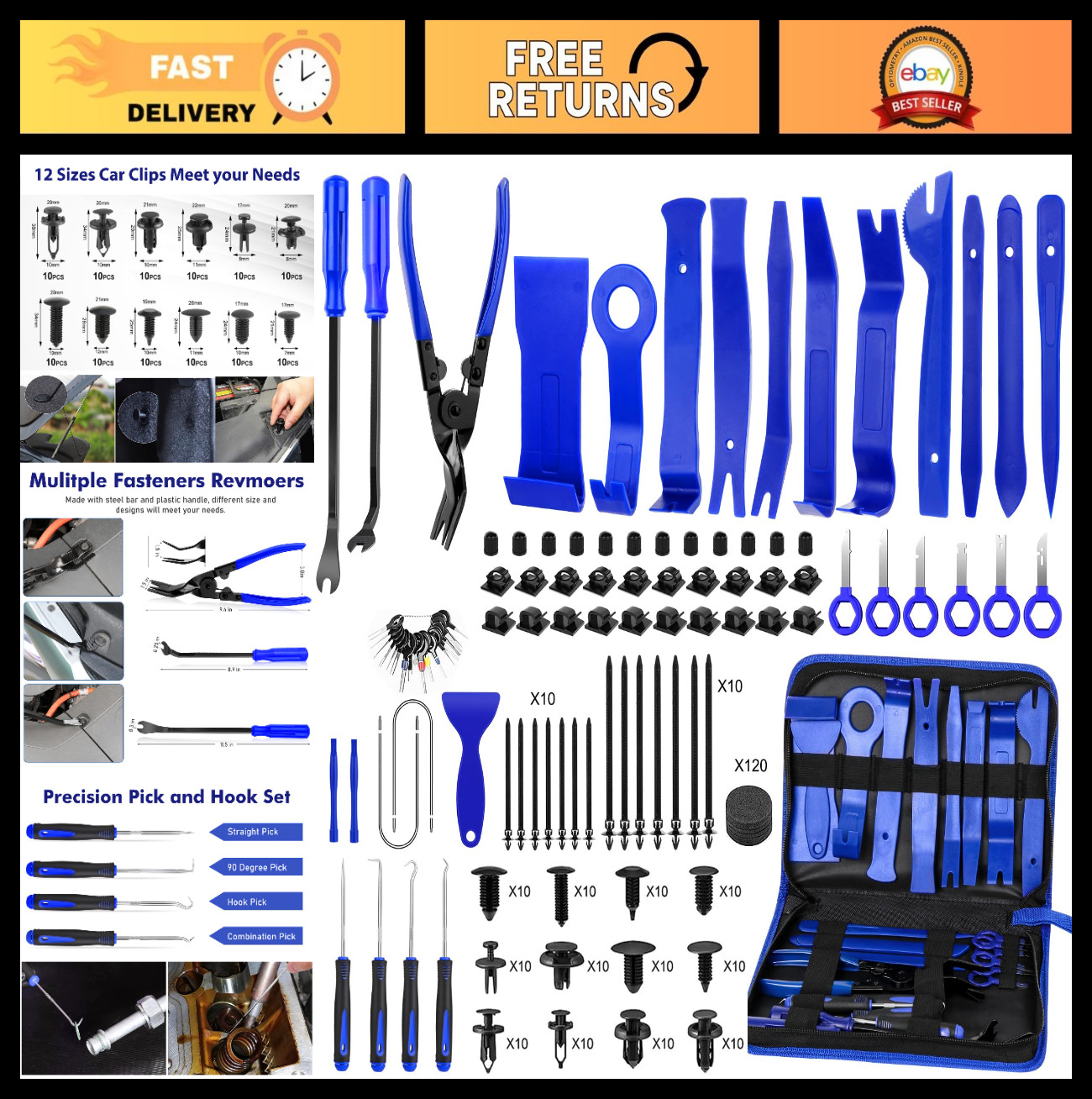 352pcs Trim Removal Tool Kit – Pry, Door Panel & Clip Tools with Body Clips Set