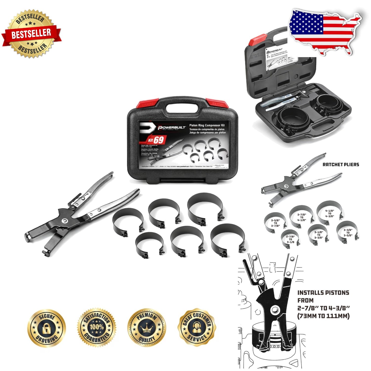 Pro Piston Ring Compressor Tool Kit Ratchet Pliers for Car Engine Maintenance
