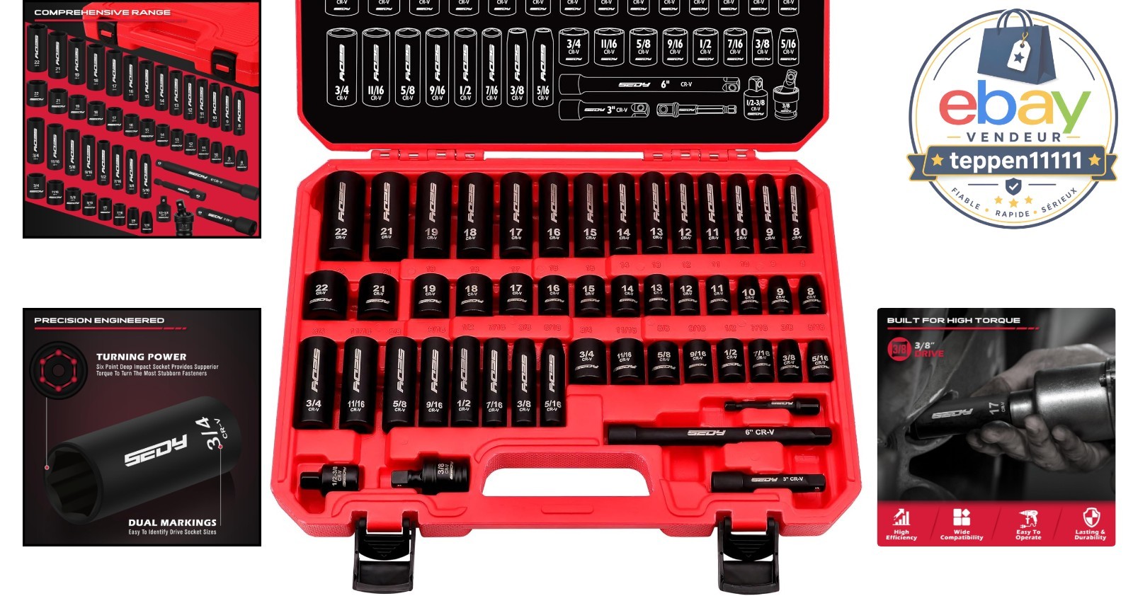 3/8″ Drive Impact Socket Set 49-Piece SAE 5/16-3/4″ Metric 8-22mm