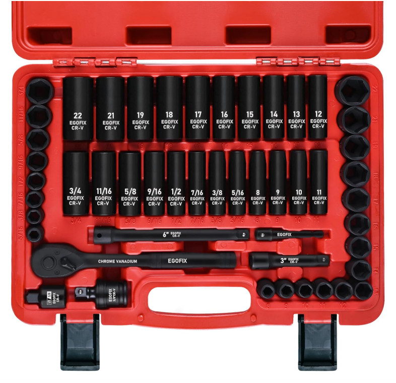 3/8″ Drive Impact Socket Set, 50 Piece Standard SAE (5/16 to 3/4 inch)and Metric