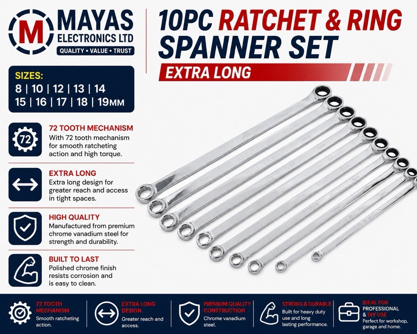 Neilsen 10pc Extra Long Ratchet Ring Spanner Set 72 Tooth 8-19mm CRV CT4465