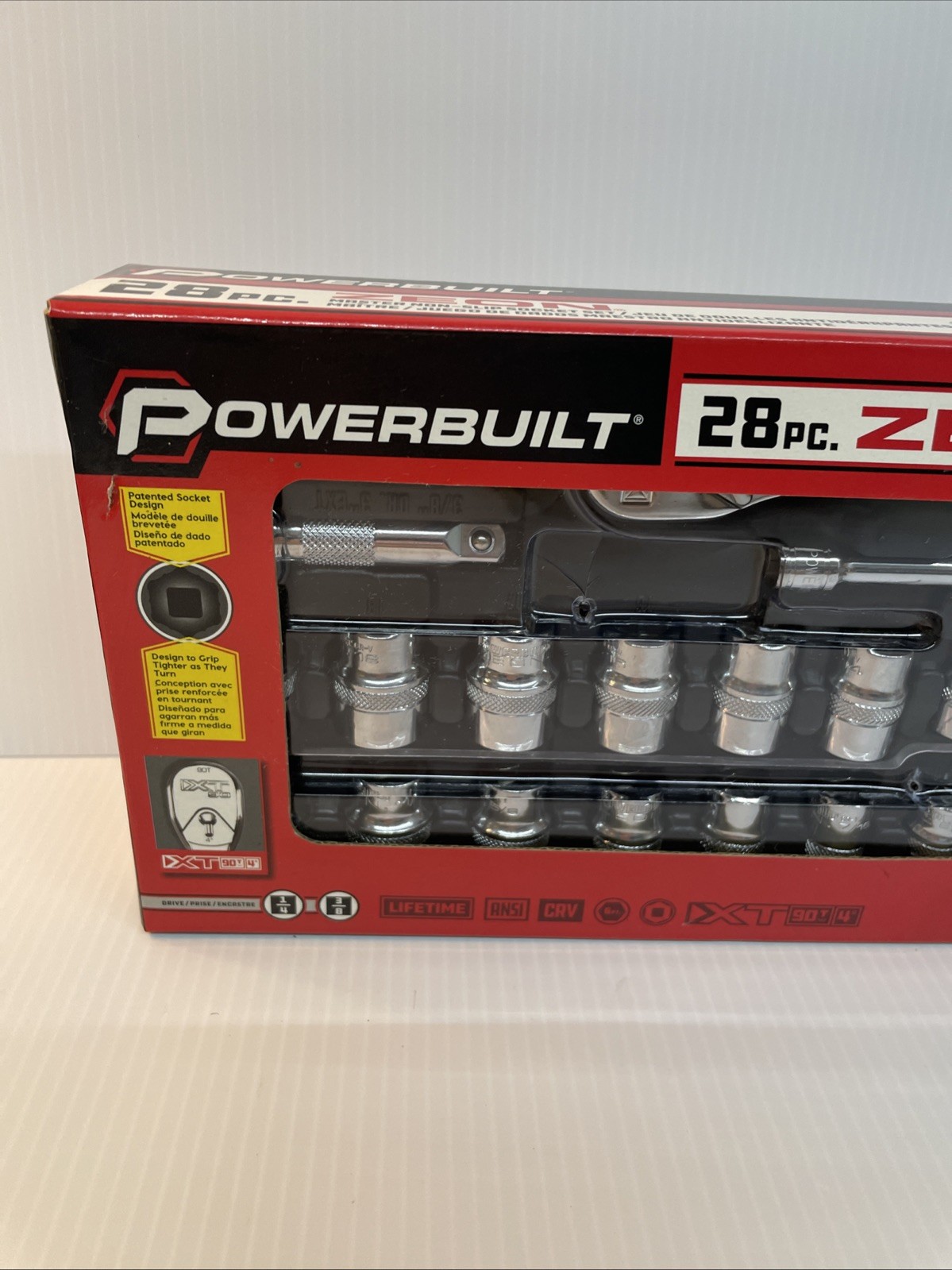 Brand New! Powerbuilt 28 Pc. NON-SLIP Socket Set. Removes partly rounded bolts.
