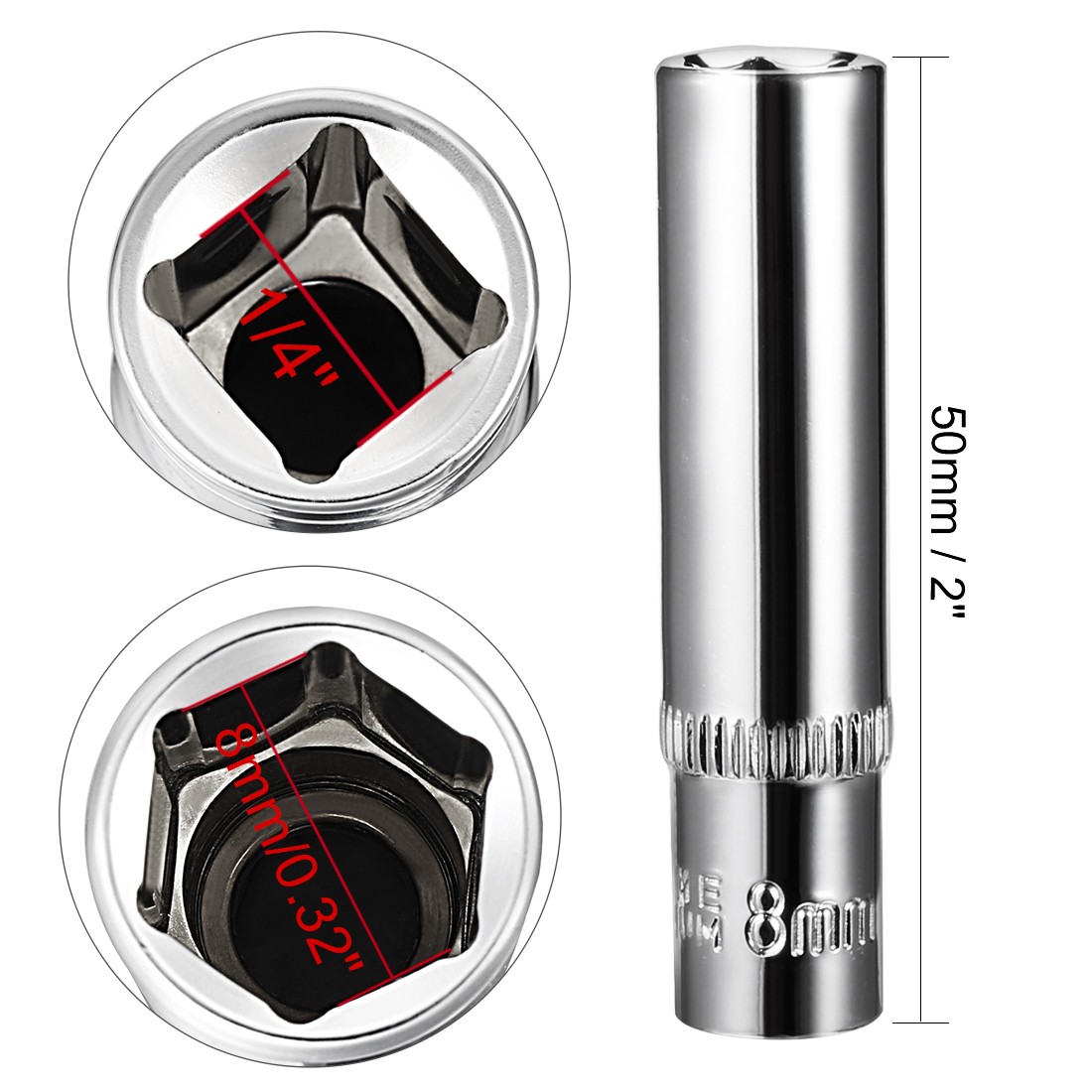 2Pcs 1/4″ Drive 8mm Cr-V 50mm Length 6-Point Deep Socket Impact Socket