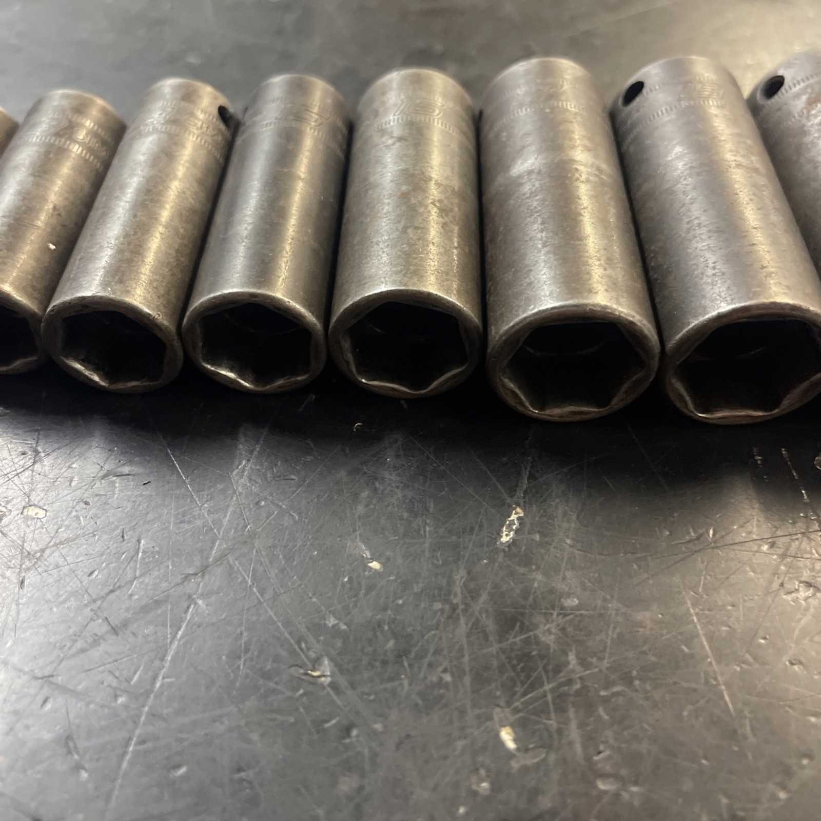 Snap-On 12 Pcs 3/8″ Dr 6pt Deep Impact Sockets 8-19mm + 21mm Missing 20mm