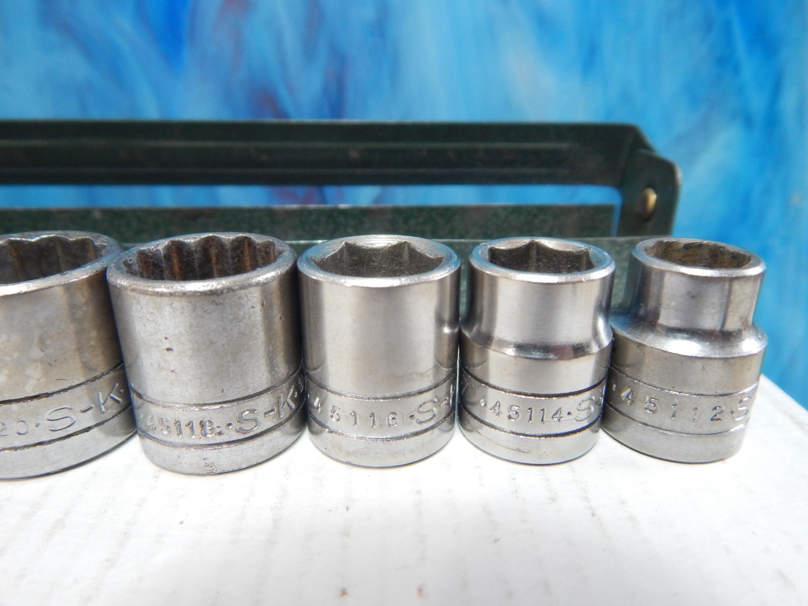 S-K tools 3/8 dr. socket set 8 piece ,carry tray, Vintage SAE Shallow, 3/8-13/16