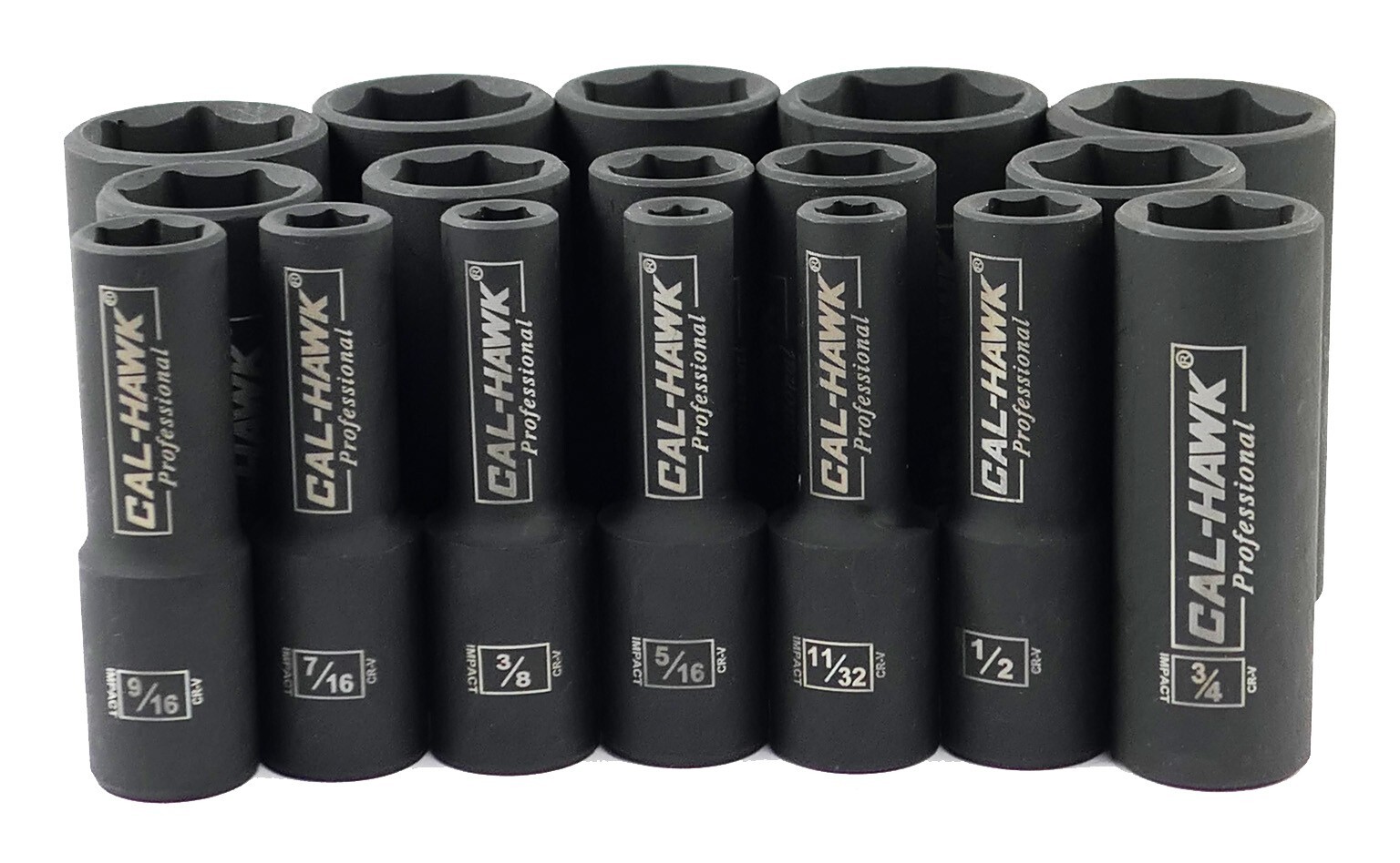 17PC CAL HAWK 1/2″ Dr. 6 POINT SAE Deep Impact Sockets Chrome Vanadium CRV Set
