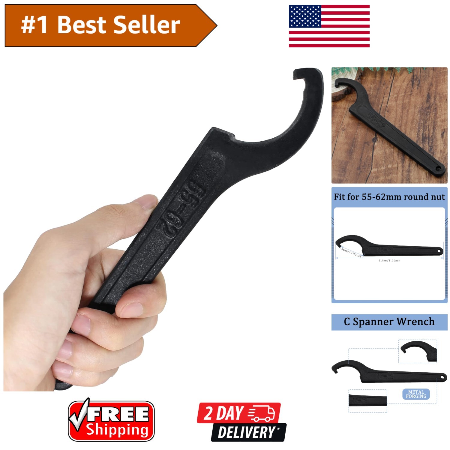 Versatile C Hook Spanner Wrench – 8.3” Carbon Steel for Mechanical Use