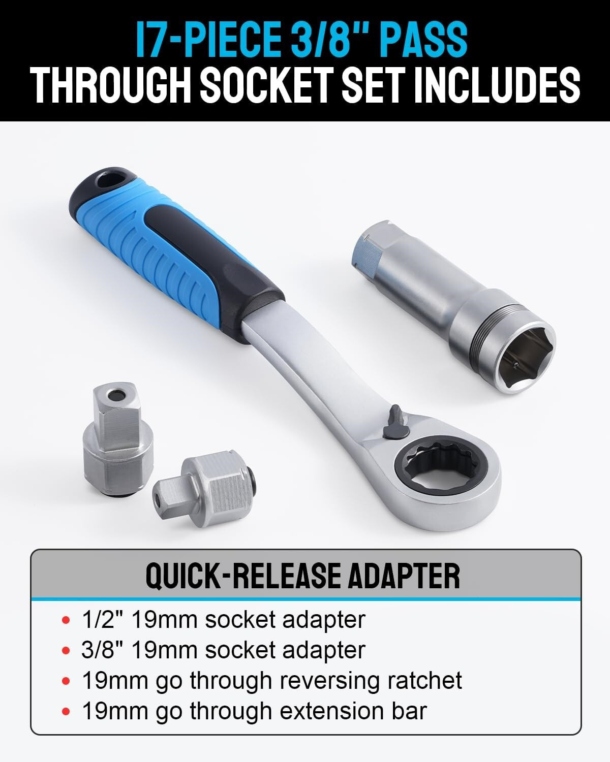 Pass Through Socket Set Go Thru Ratchet Wrench Tool for Hex Square E-Torx Spline