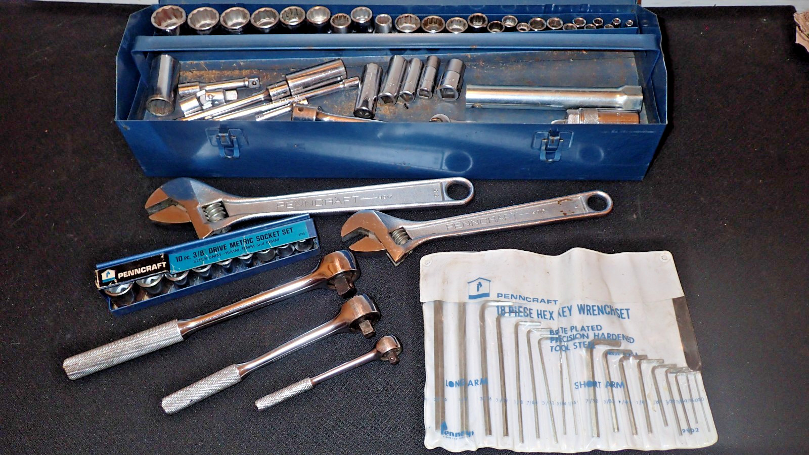 PENNCRAFT 1/4 3/8 1/2 Drive Sockets Ratchets Wrenches Toolbox Allen USA Vintage