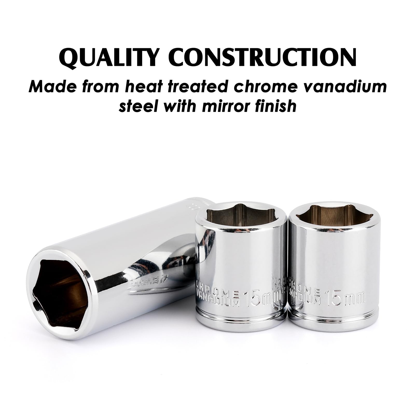 4PCS 1/4″ Drive 15mm Deep & Shallow Socket Set, 6 Point Cr-V Steel Tools