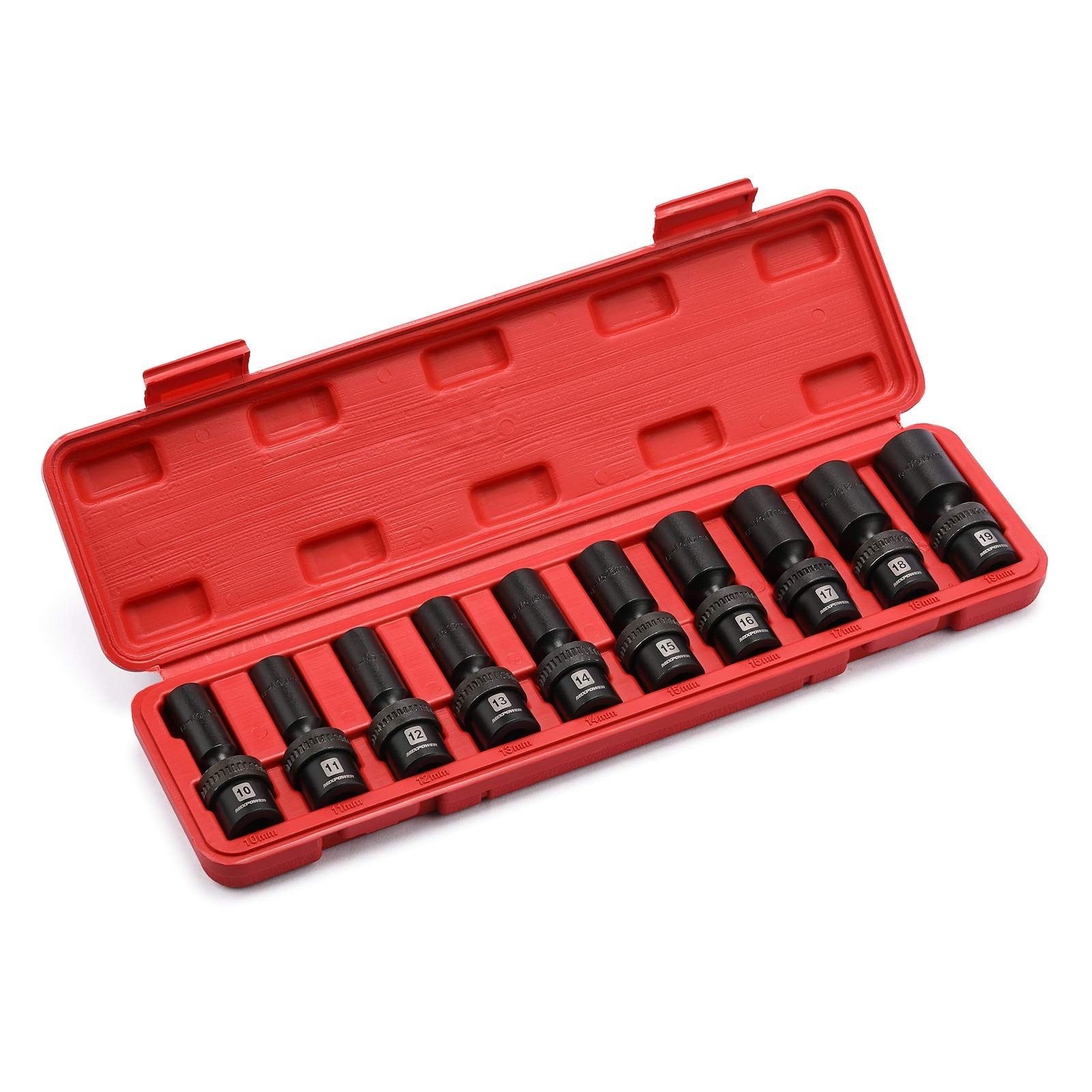 10-Piece 3/8″ Drive Deep Impact Socket Set, 6 Point Metric 10-19mm, Swivel Wobbl