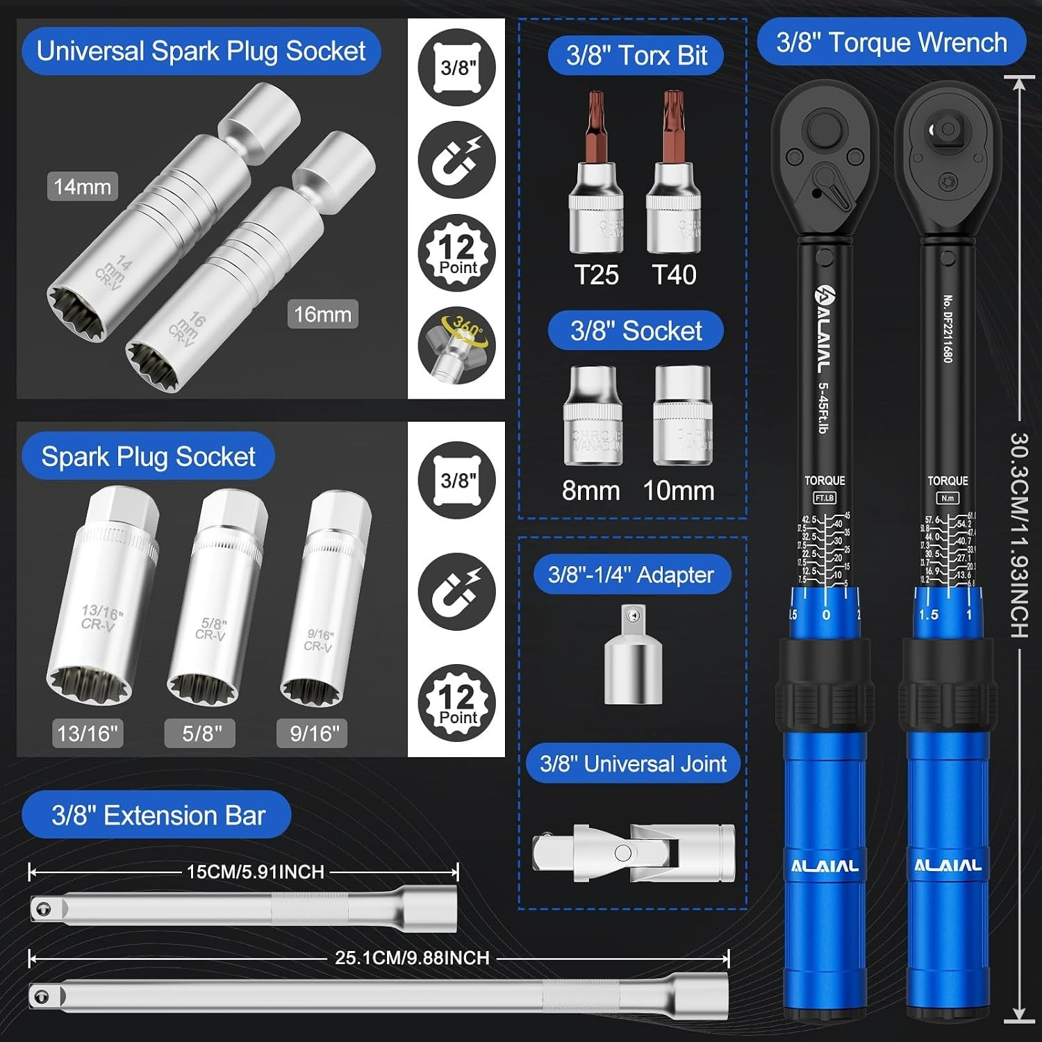 High Precision 14-Piece Spark Plug Socket Set with Torque Wrench for Auto Repair