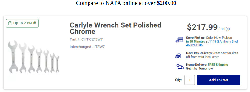 Napa Carlyle LTSW7, 7pc. Slimline Open End Wrench Set SAE. NEW