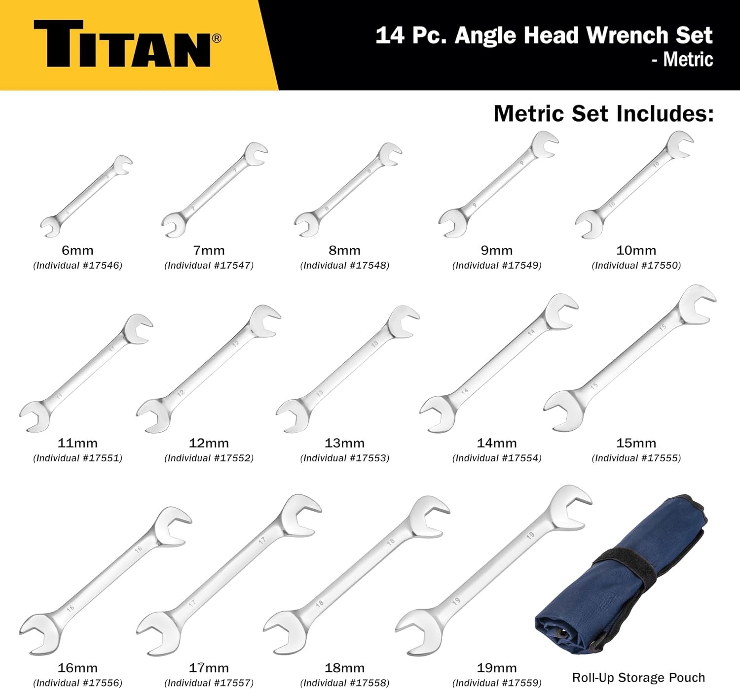 Titan Tools 14-Piece Metric Angle Head Open End Wrench Set (17284)