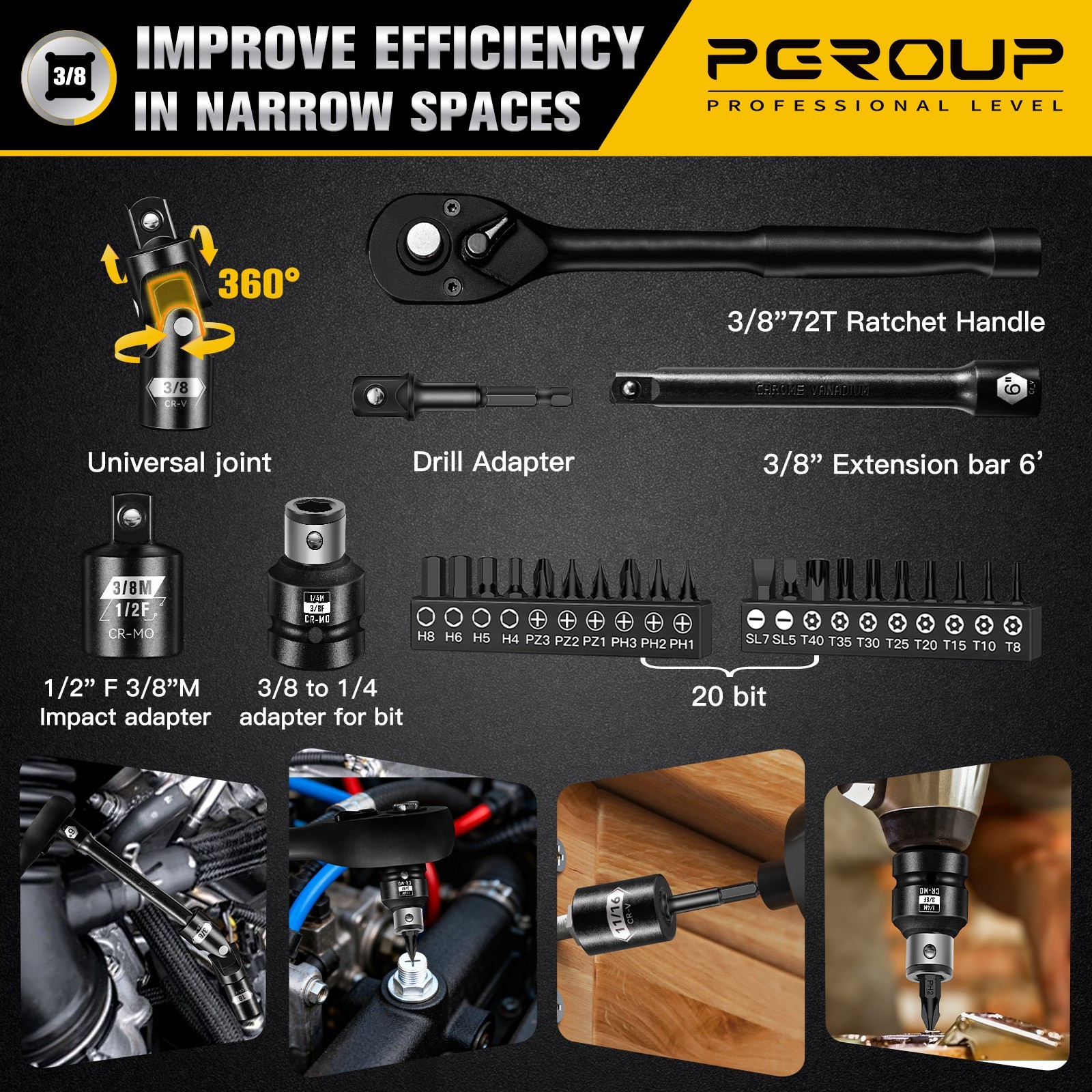 72 PCS 3/8» Drive Impact Socket Set, SAE(5/16″- 3/4″) & Metric(8-22mm) Size