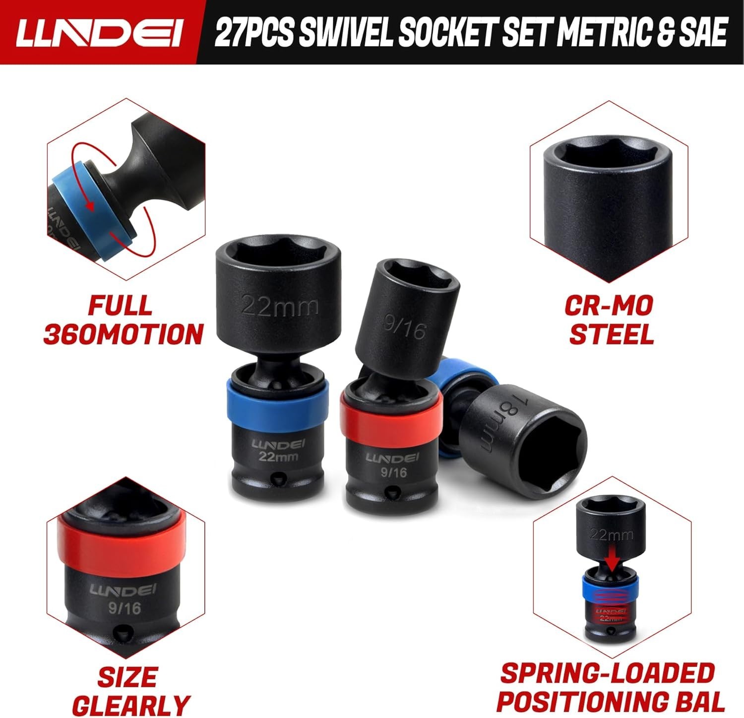 27Pcs 3/8″ Drive Swivel Impact Socket Set, CR-MO Swivel Socket Set Metric8-22…