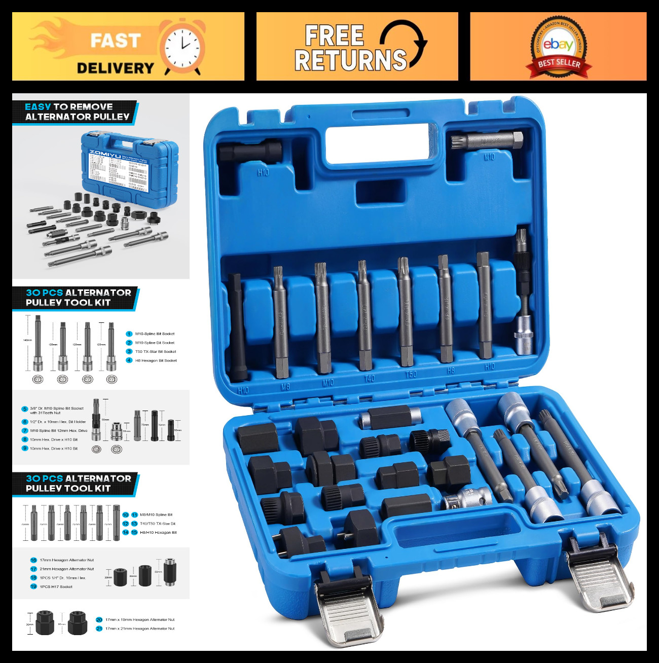 30PCS Alternator Pulley Removal Tool Kit, Decoupler & Freewheel Socket Set for V
